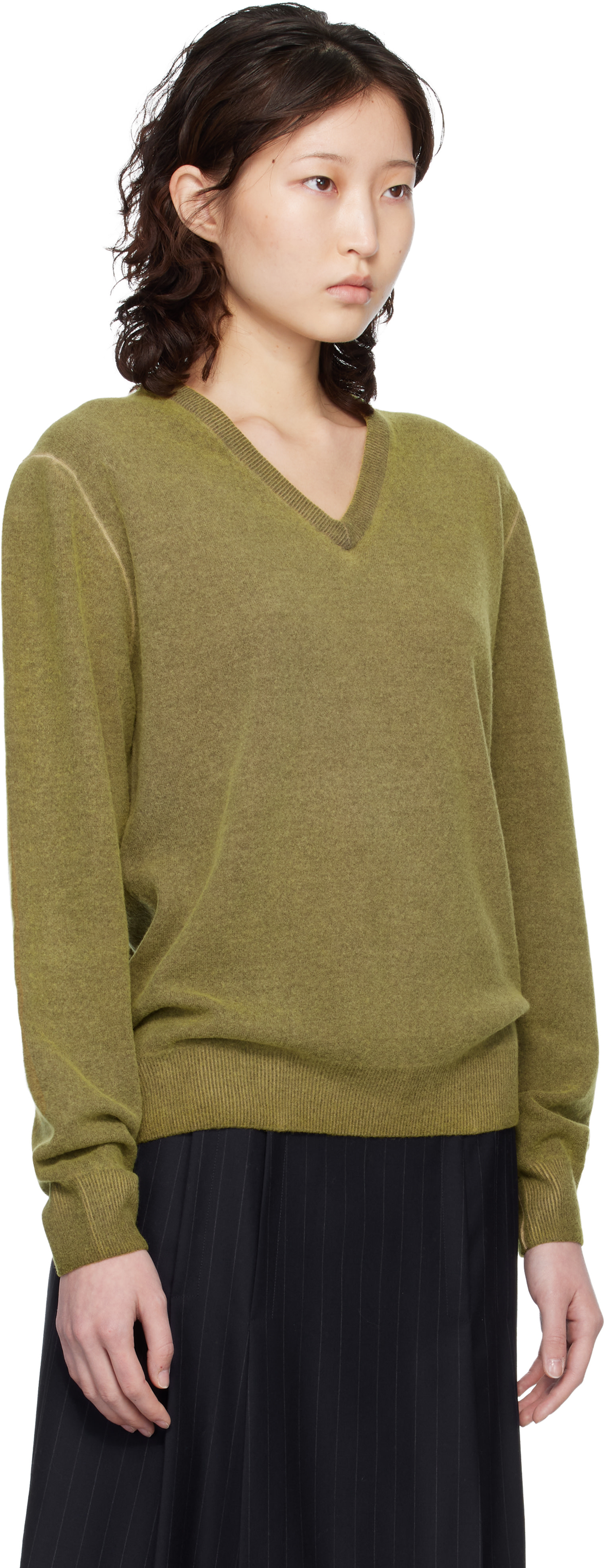 Maison Margiela: Green Virgin Wool V-Neck Sweater | SSENSE