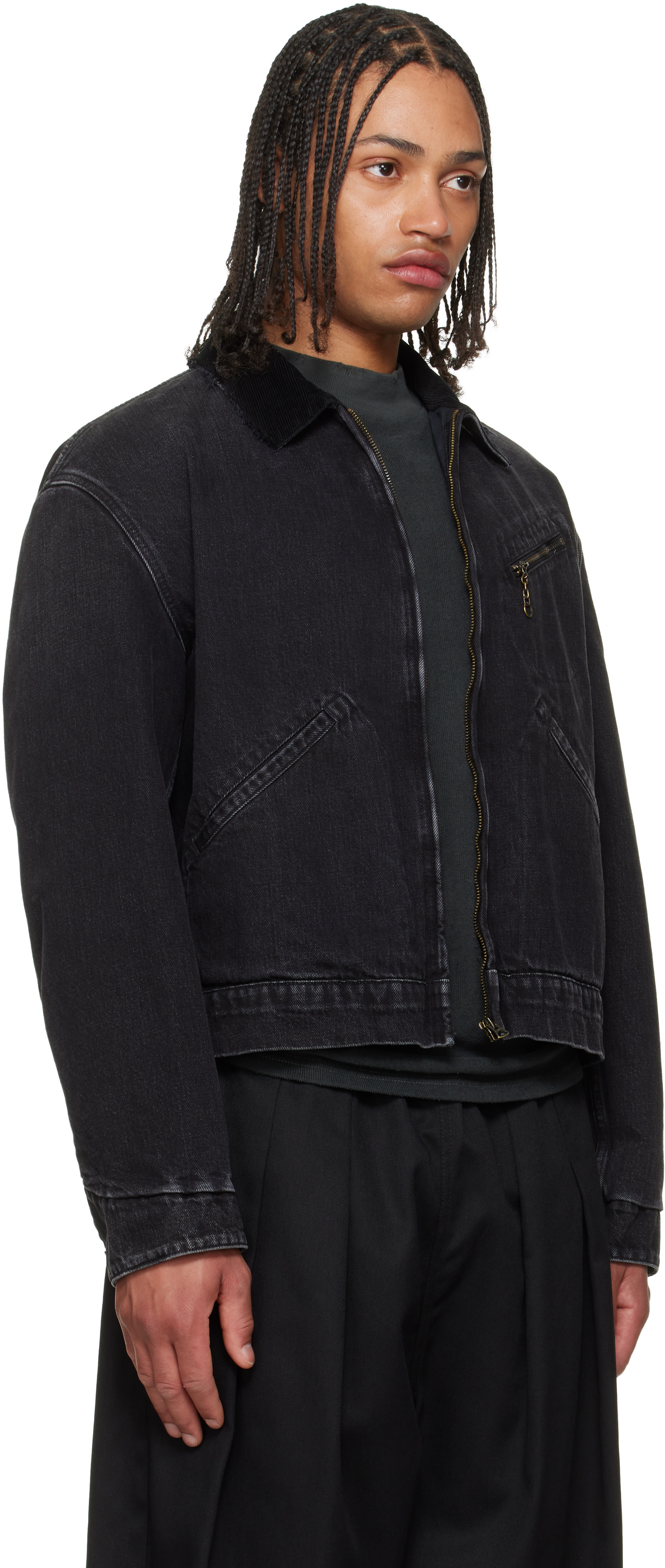 Maison Margiela: Black Corduroy Collar Faded Denim Jacket | SSENSE