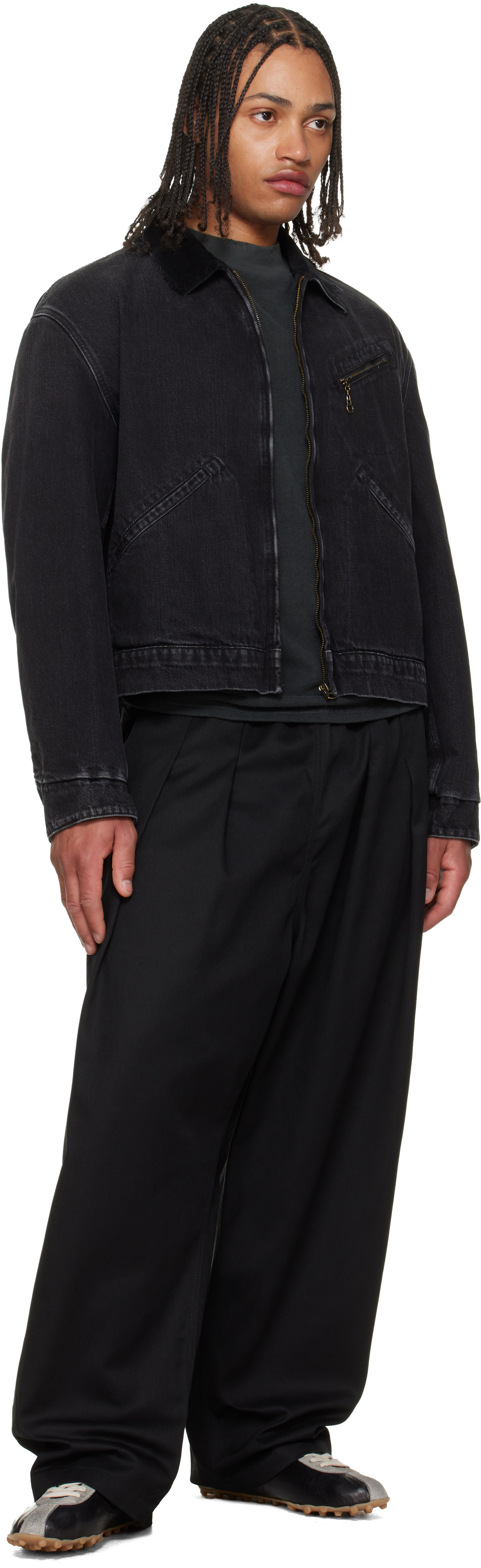 Maison Margiela: Black Corduroy Collar Faded Denim Jacket | SSENSE