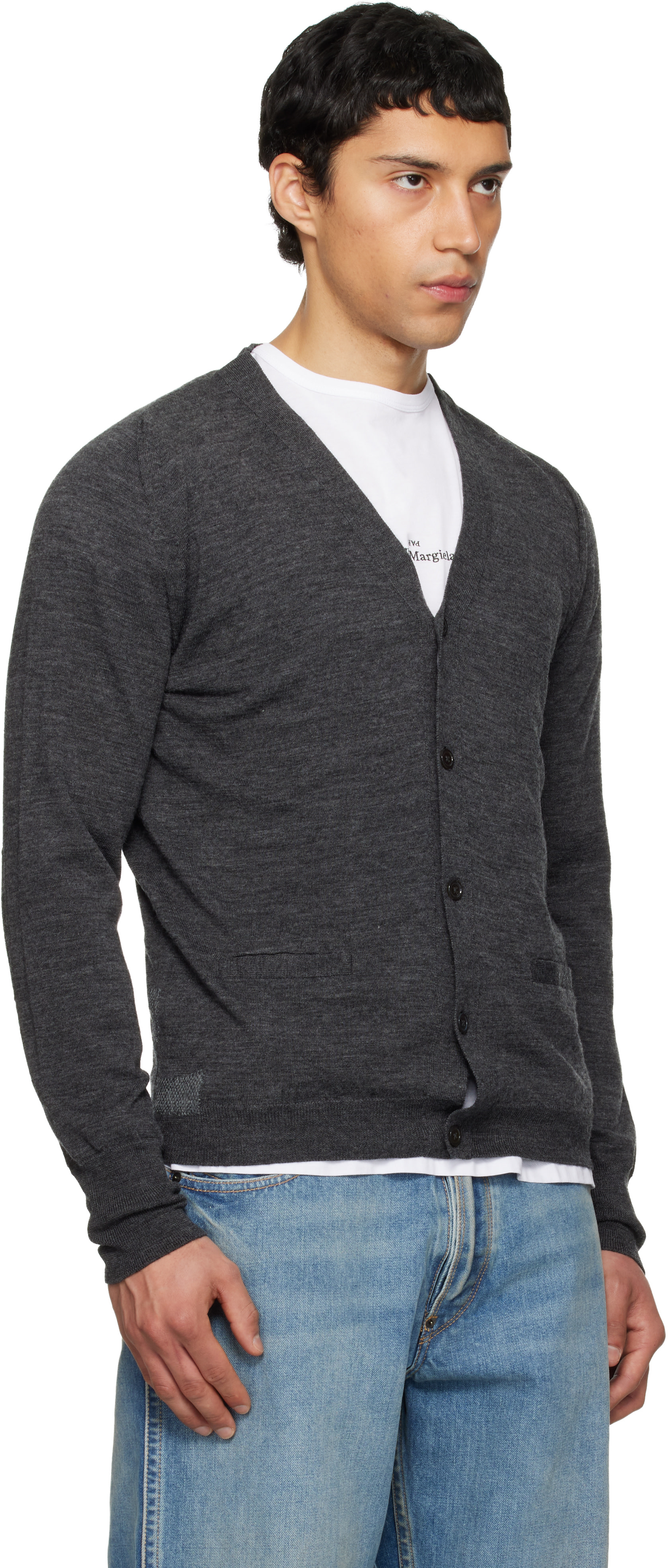 Maison Margiela 22AWグレー カシミヤ カーディガン M Maison Margiela: Gray Wool-Blend V-Neck Cardigan | SSENSE