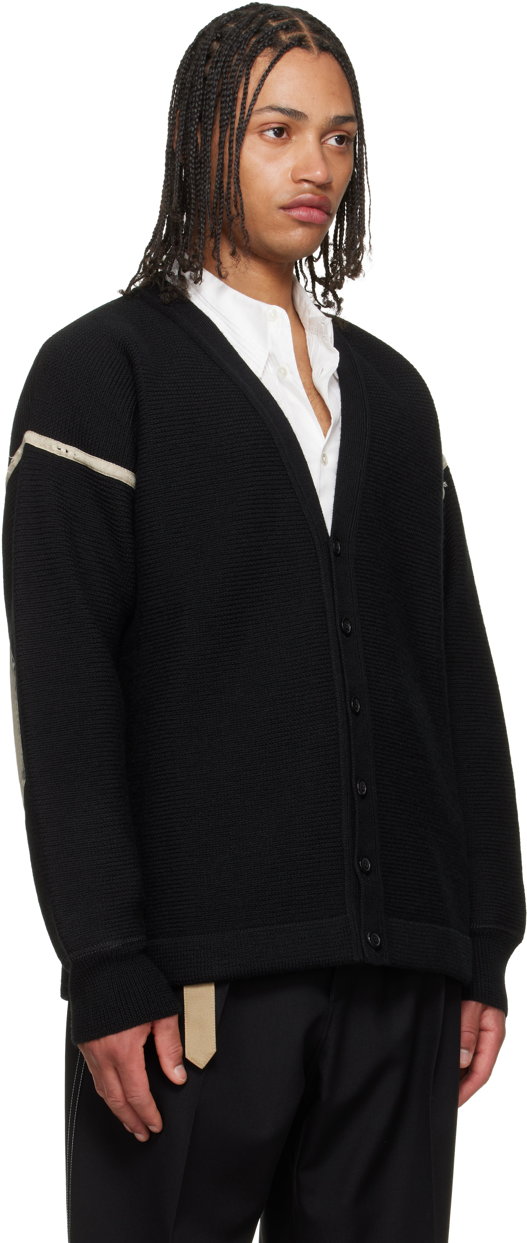 _*_様 Maison Margiera Elbow Patch カーディガン Maison Margiela: Black Virgin Wool Elbow Patch Cardigan | SSENSE