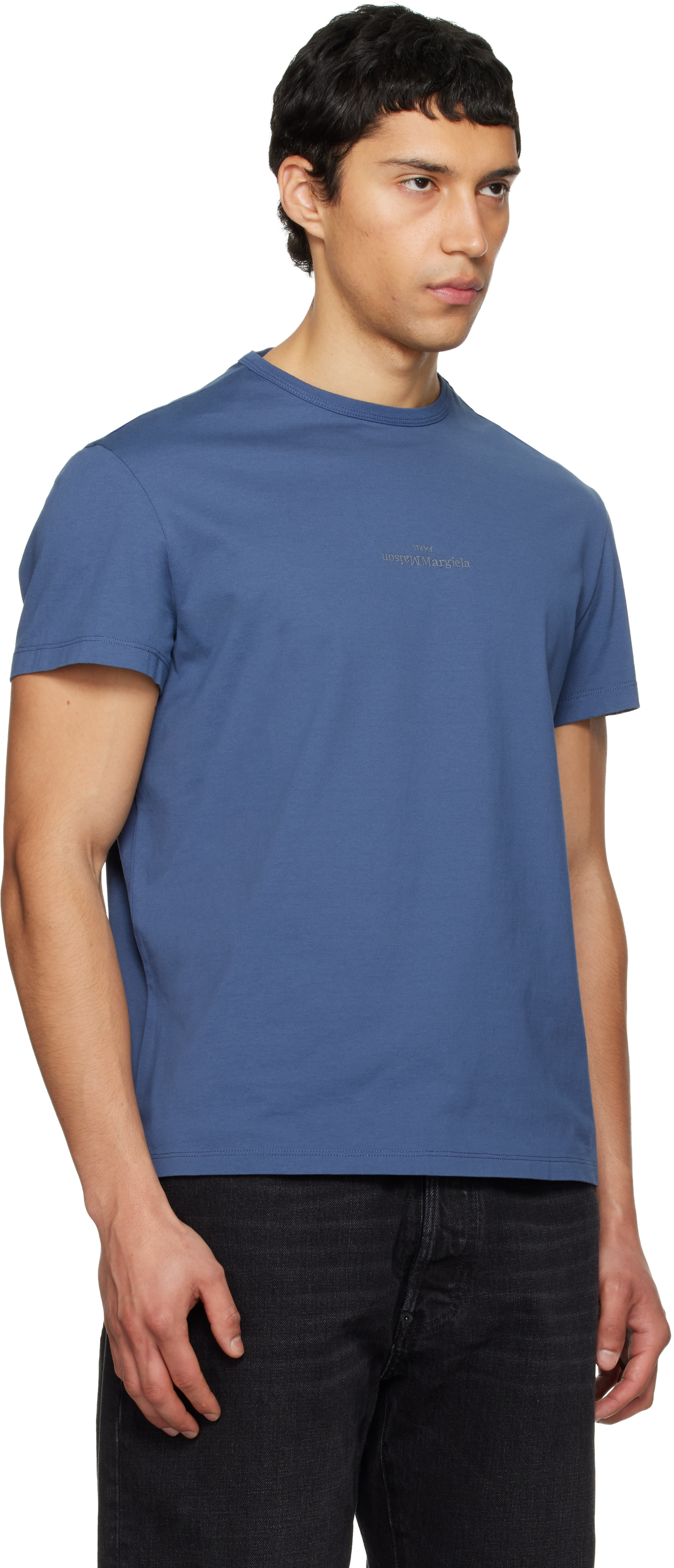 Maison Margiela: Blue Distorted Logo T-shirt | SSENSE