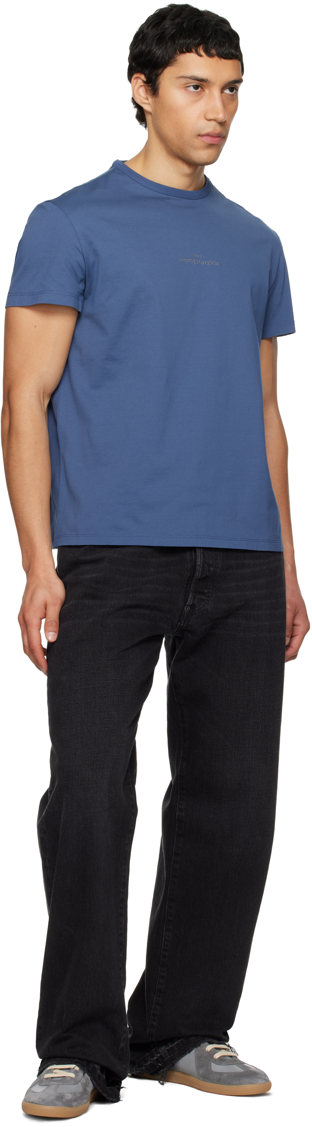 Maison Margiela: Blue Distorted Logo T-shirt | SSENSE