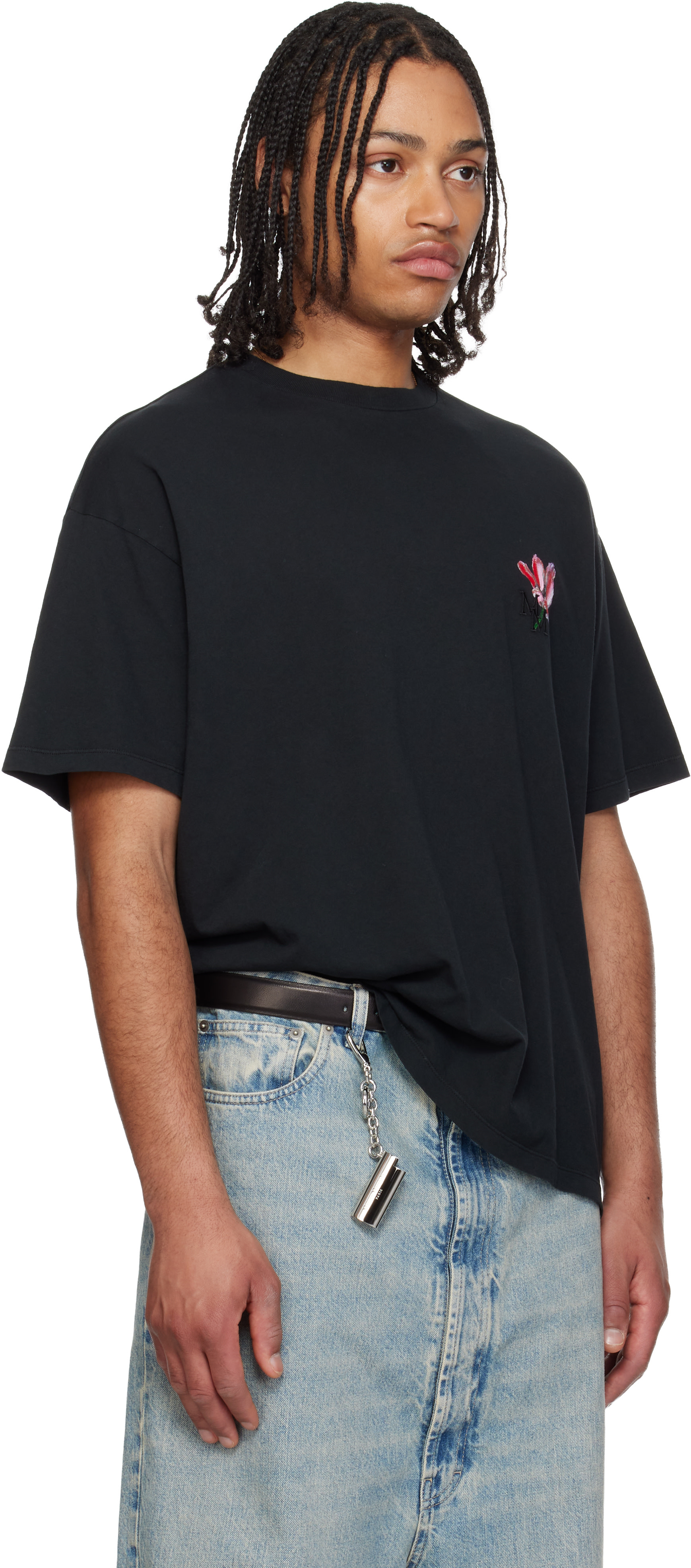 Maison Margiela: ブラック 'Floral MM' エンブロイダリー コットン T