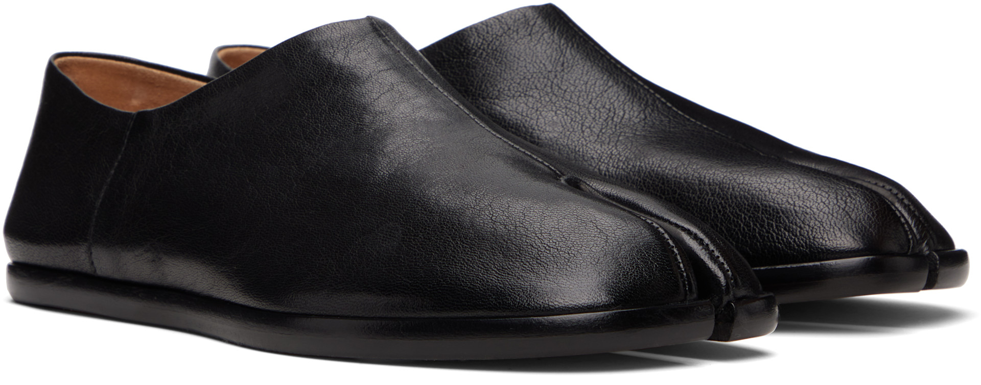 Maison Margiela tabiブラックレザーシューズ 41 Maison Margiela: Black Tabi Babouches Loafers | SSENSE
