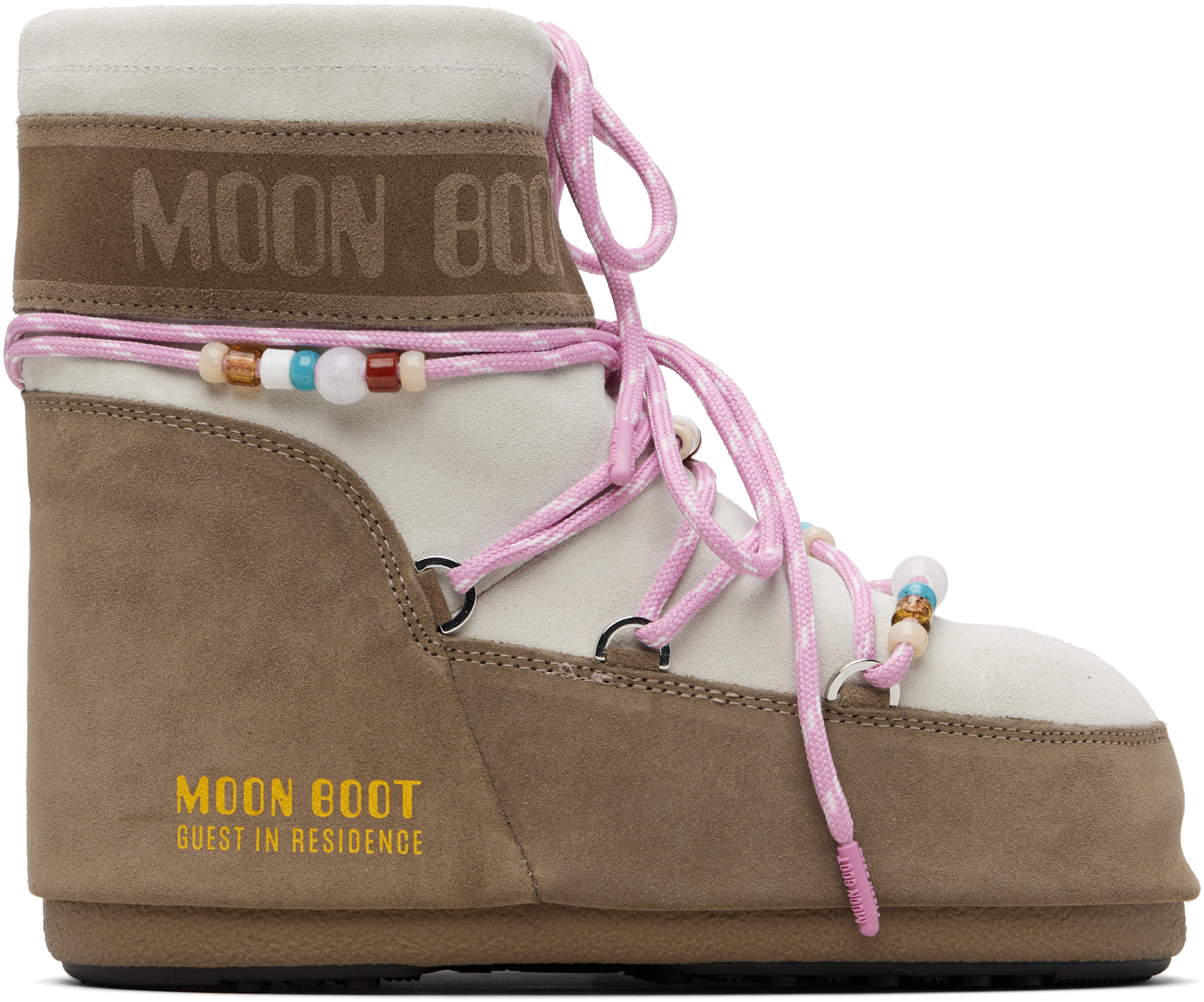 Off White & Taupe Moon Boot Edition Icon Low Beaded Suede Boots