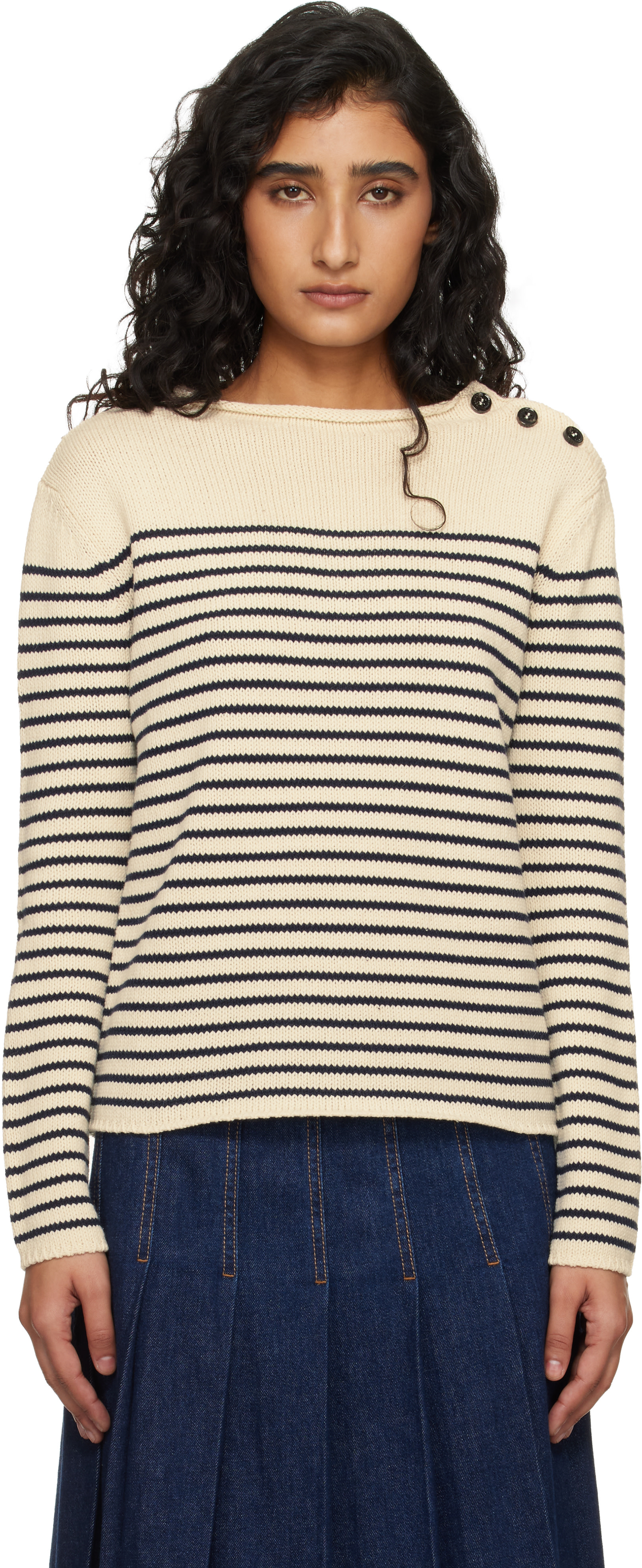 Weekend Max Mara - Pull Wkdquadro blanc cassé et bleu marine