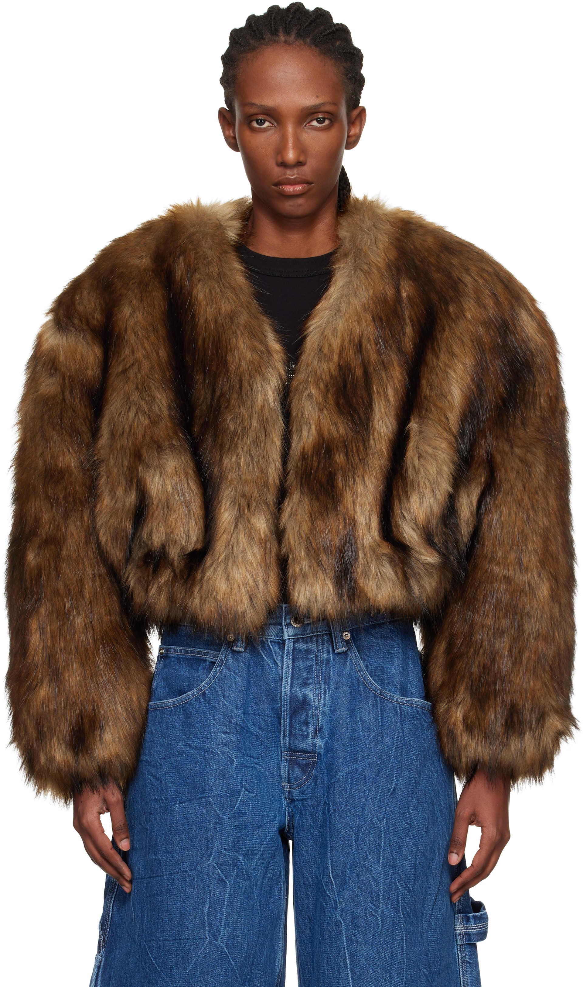 Alexander Wang: Brown Cropped Faux-Fur Jacket | SSENSE
