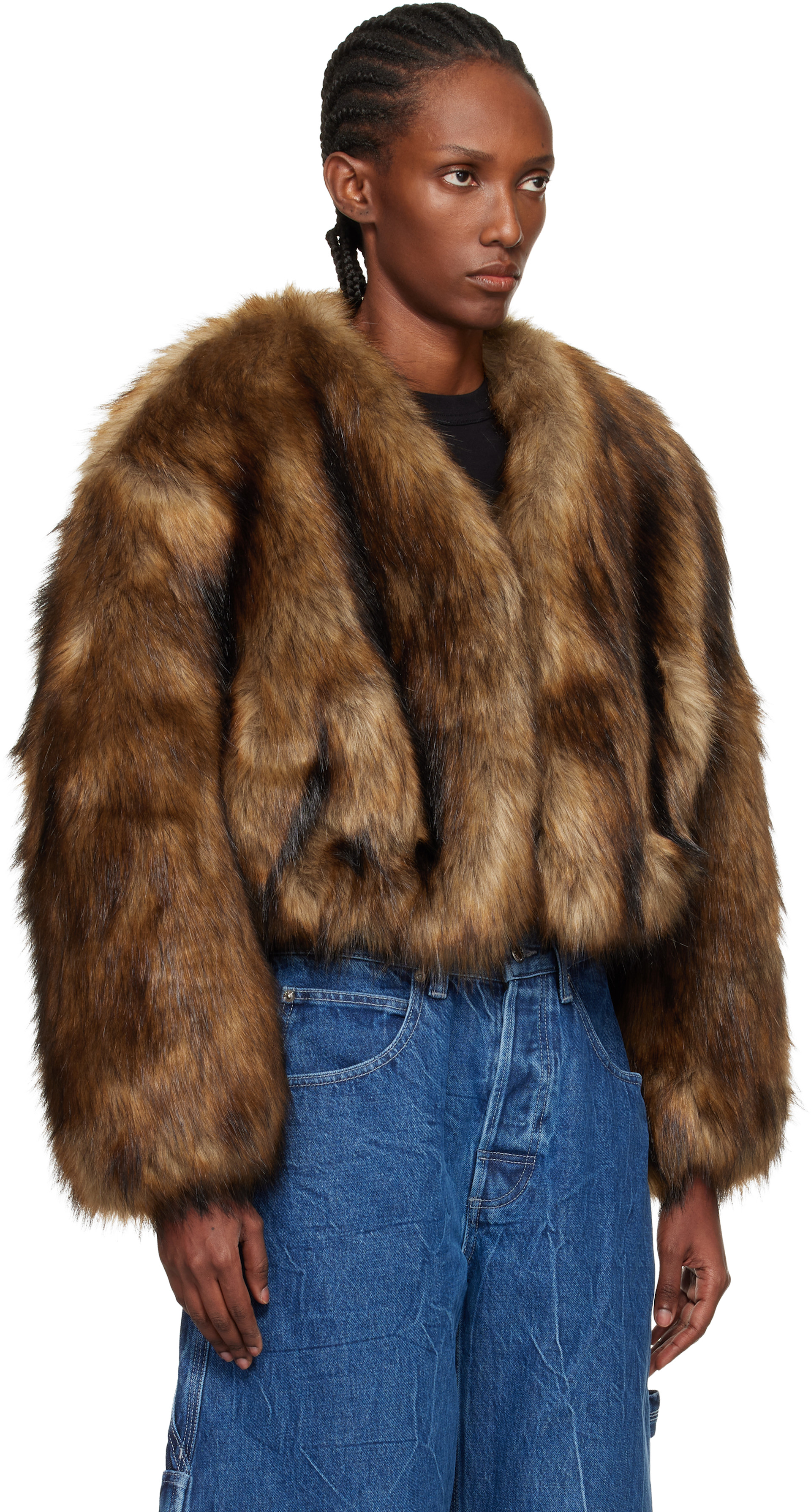 Alexander Wang: Brown Cropped Faux-Fur Jacket | SSENSE