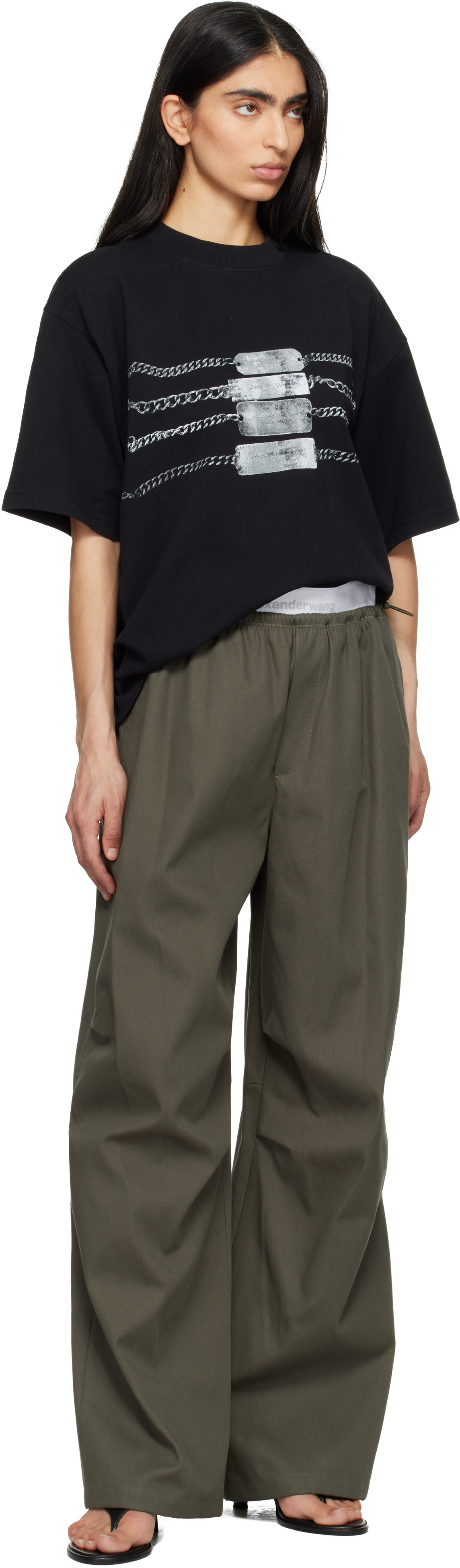 alexander wang プルオンロゴプリーツパンツ Alexander Wang: Khaki Logo Elastic Mid-Rise Trousers | SSENSE