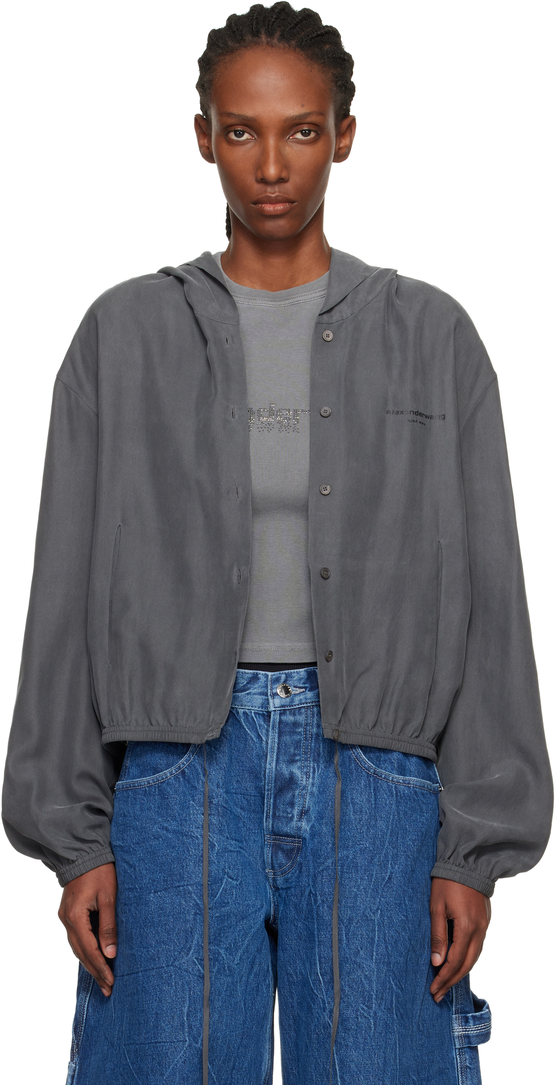 Alexander Wang: Gray Cropped Silk Hoodie | SSENSE