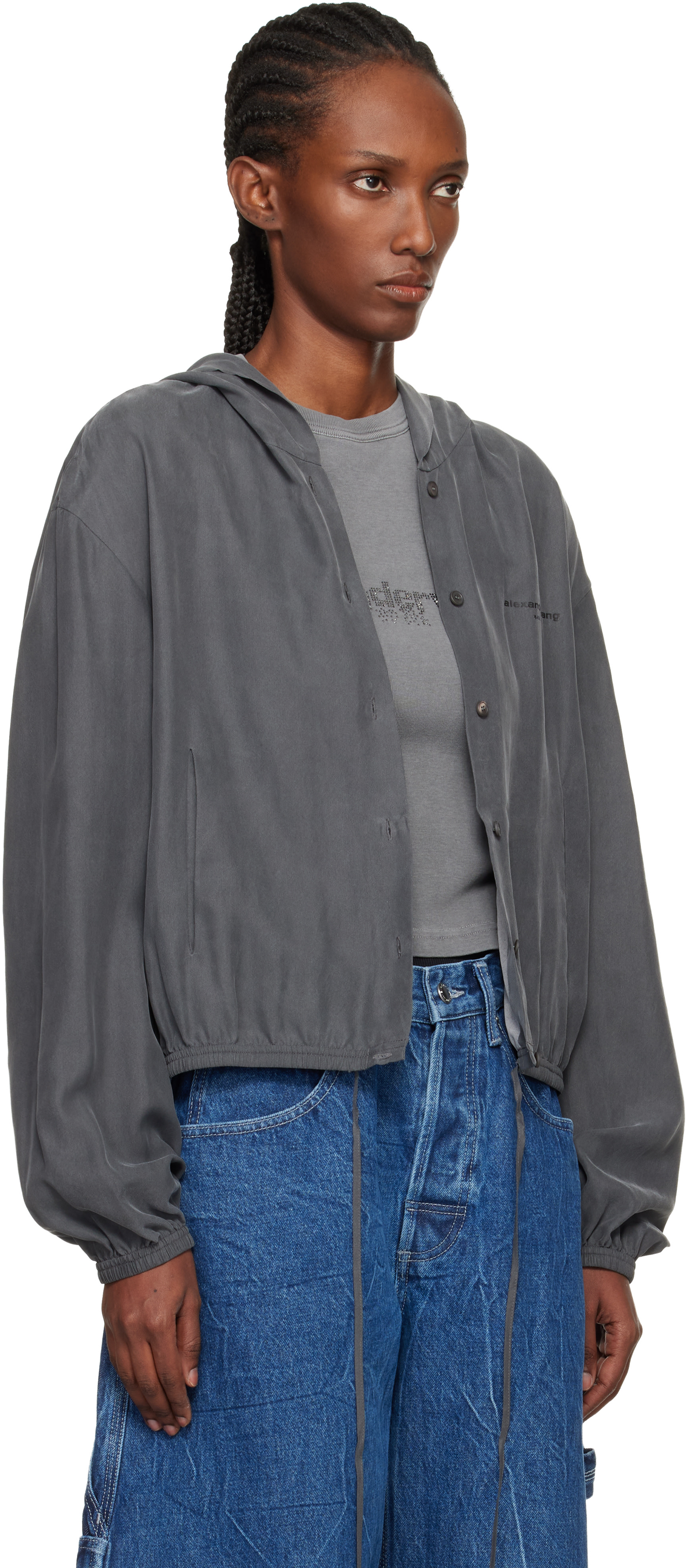 Alexander Wang: Gray Cropped Silk Hoodie | SSENSE