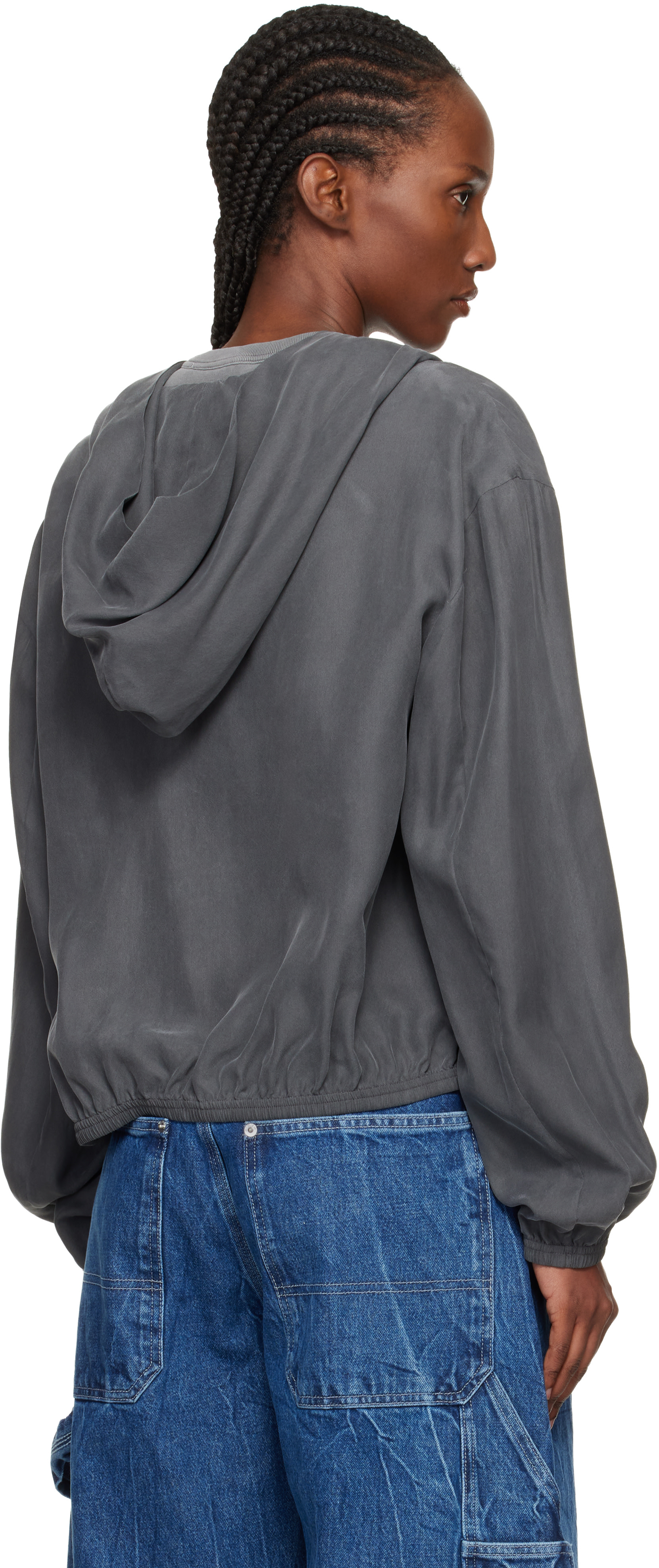 Alexander Wang: Gray Cropped Silk Hoodie | SSENSE