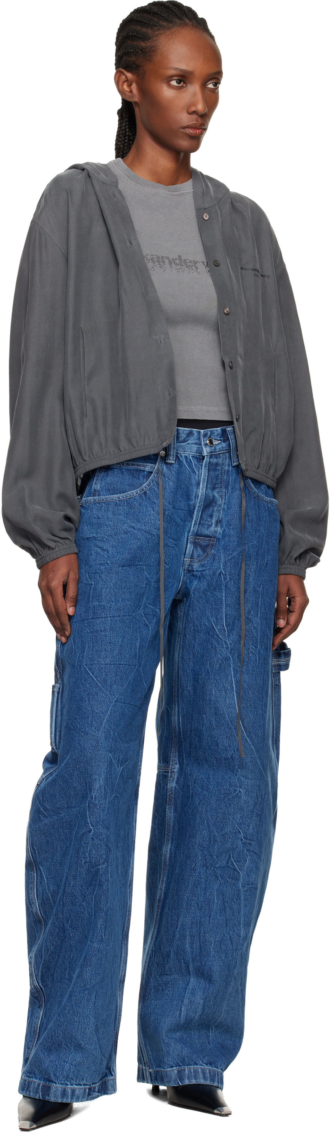 Alexander Wang: Gray Cropped Silk Hoodie | SSENSE