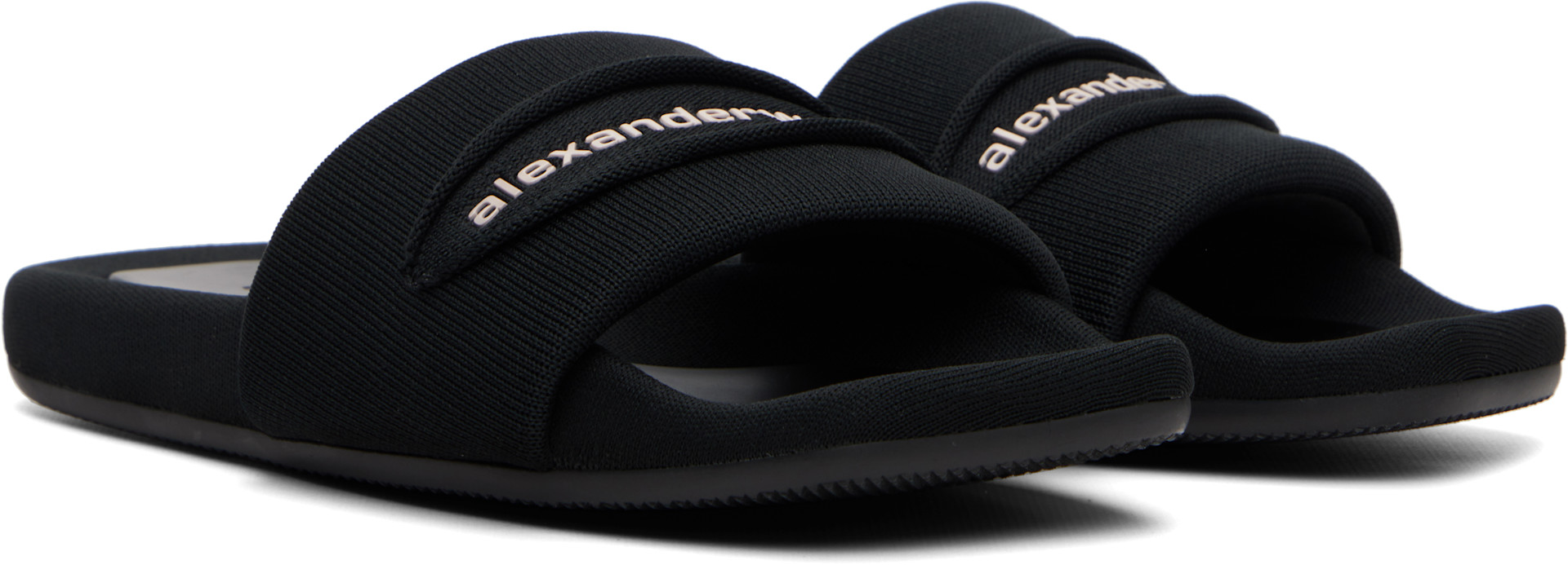 Alexander Wang: Black 'AW' Slash Knit Pool Slides | SSENSE