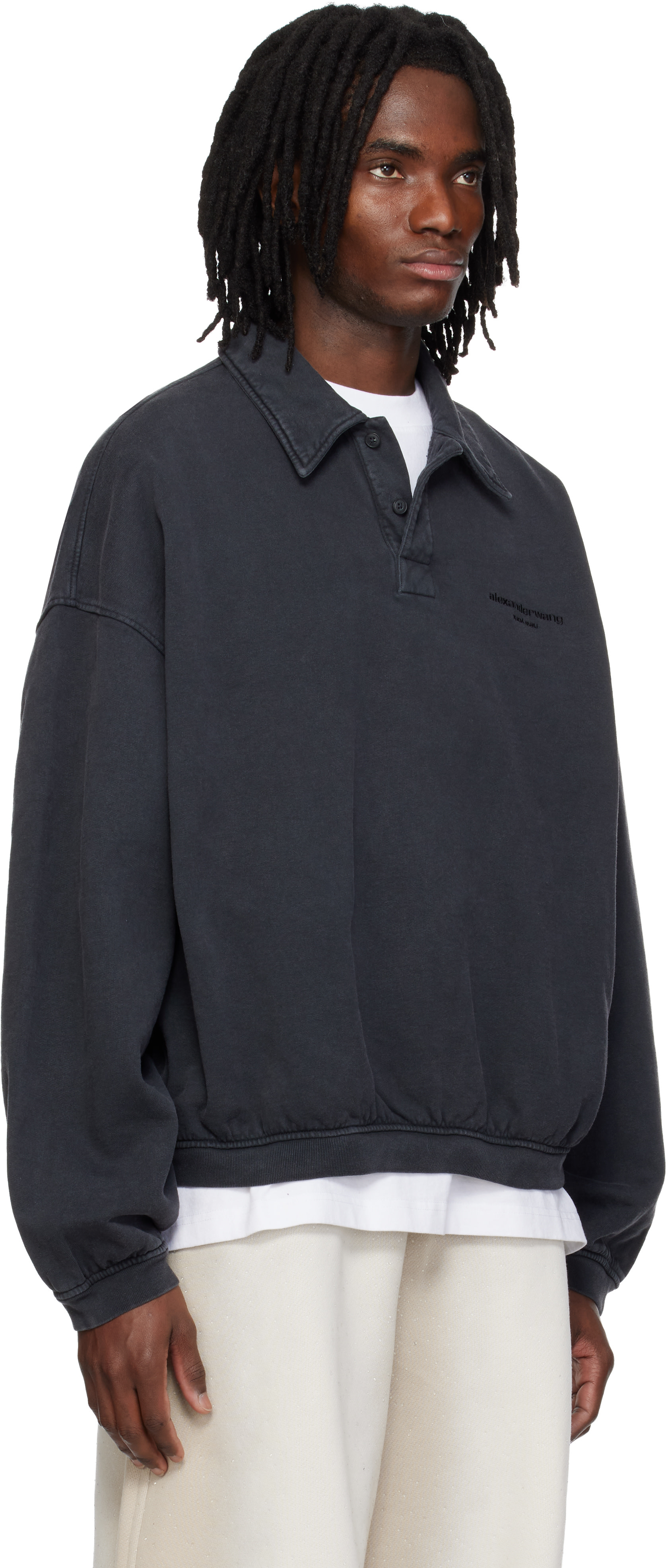 【再値下げ】Alexander Wangブラックパフロゴオーバーサイズポロシャツ Alexander Wang: Black Long Sleeve Polo | SSENSE Canada