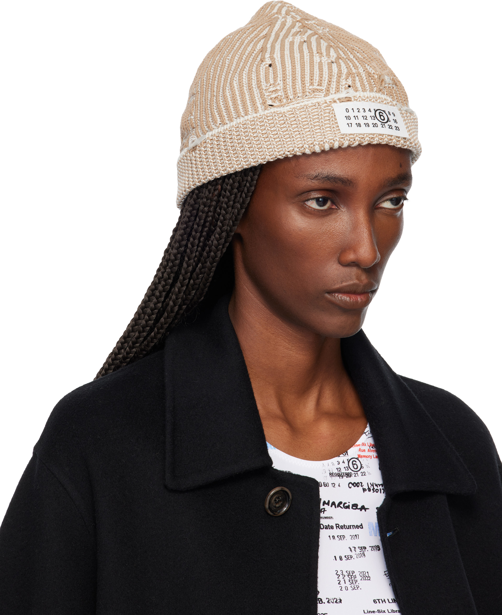 MM6 Maison Margiela: Beige Amended Optical Ribs Beanie | SSENSE