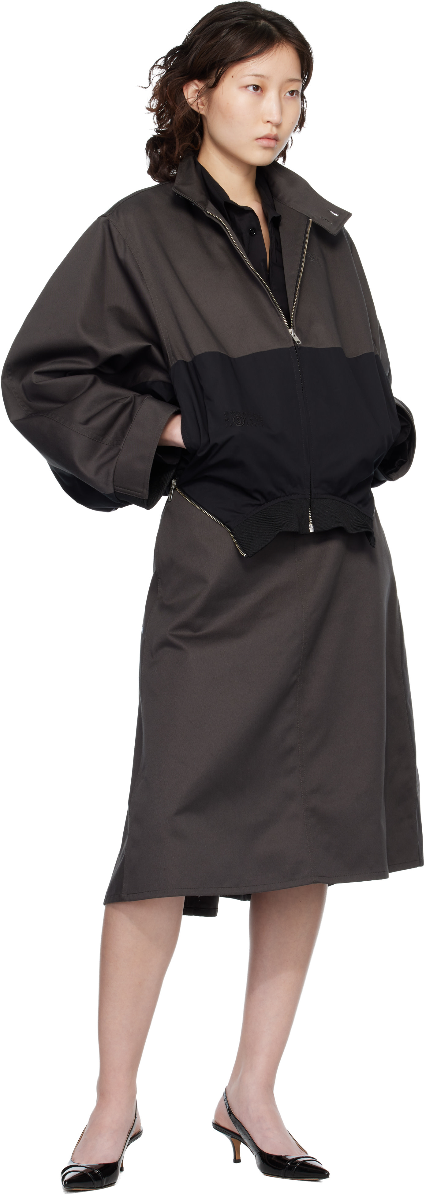 MM6 Maison Margiela: Black Mirrored Two-Tone Zip Jacket | SSENSE