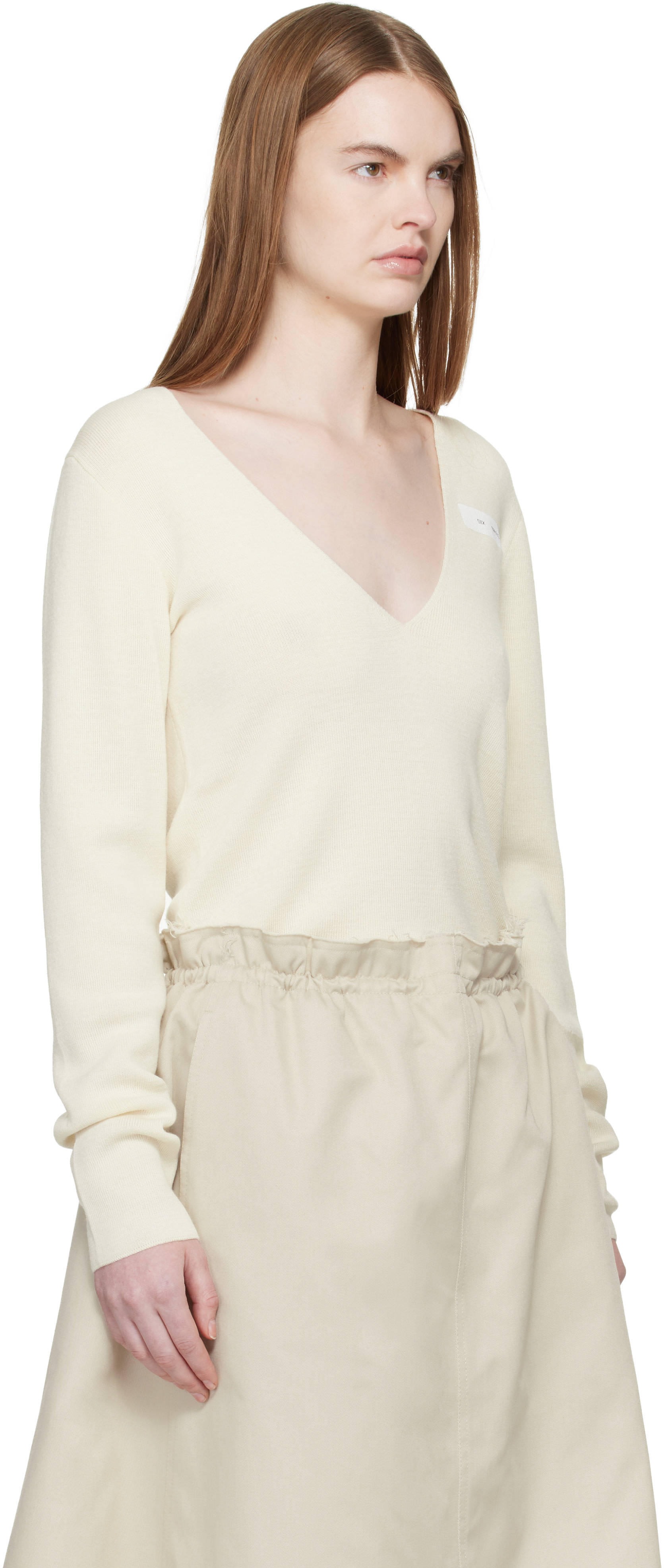 MM6 Maison Margiela: Off-White V-Neck Wool Sweater | SSENSE