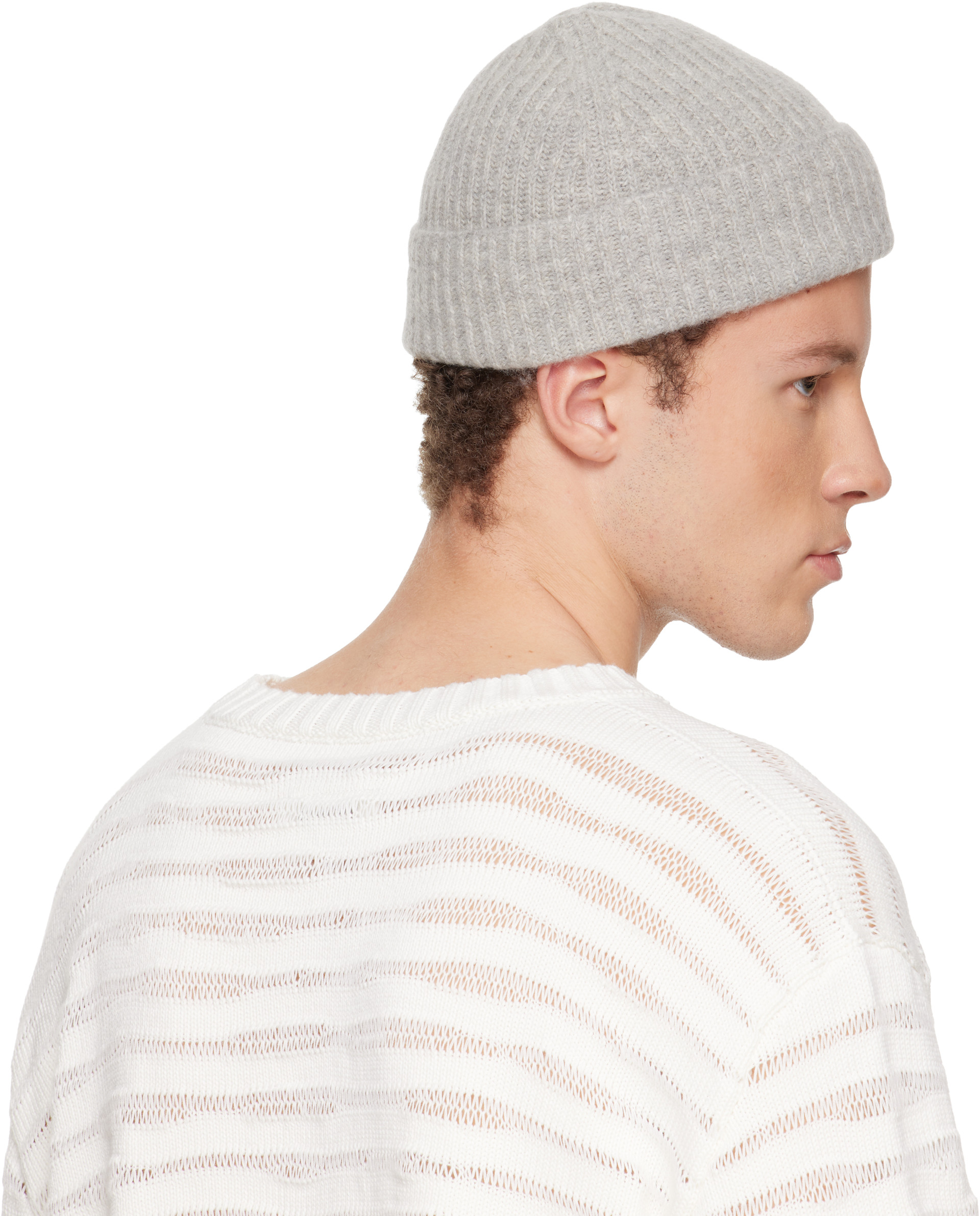 MM6 Maison Margiela: Gray Ribbed Wool Beanie | SSENSE United Arab