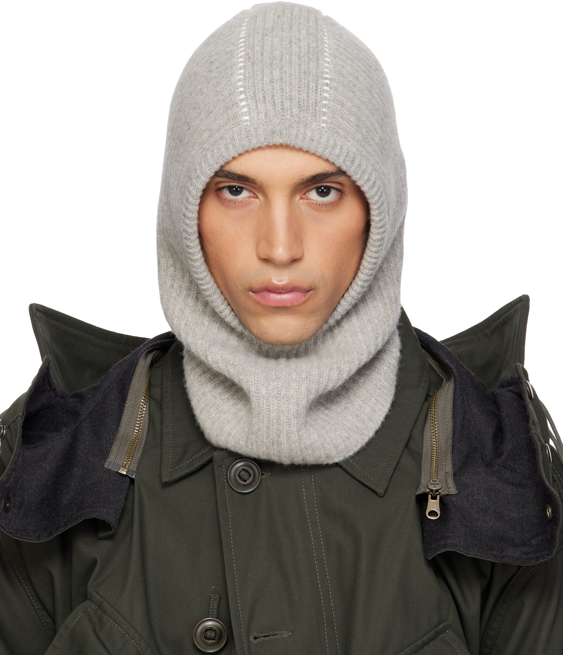 MM6 Maison Margiela クロシェ編みマフラー アルパカ混 MM6 Maison Margiela: Gray Ribbed Wool Balaclava | SSENSE
