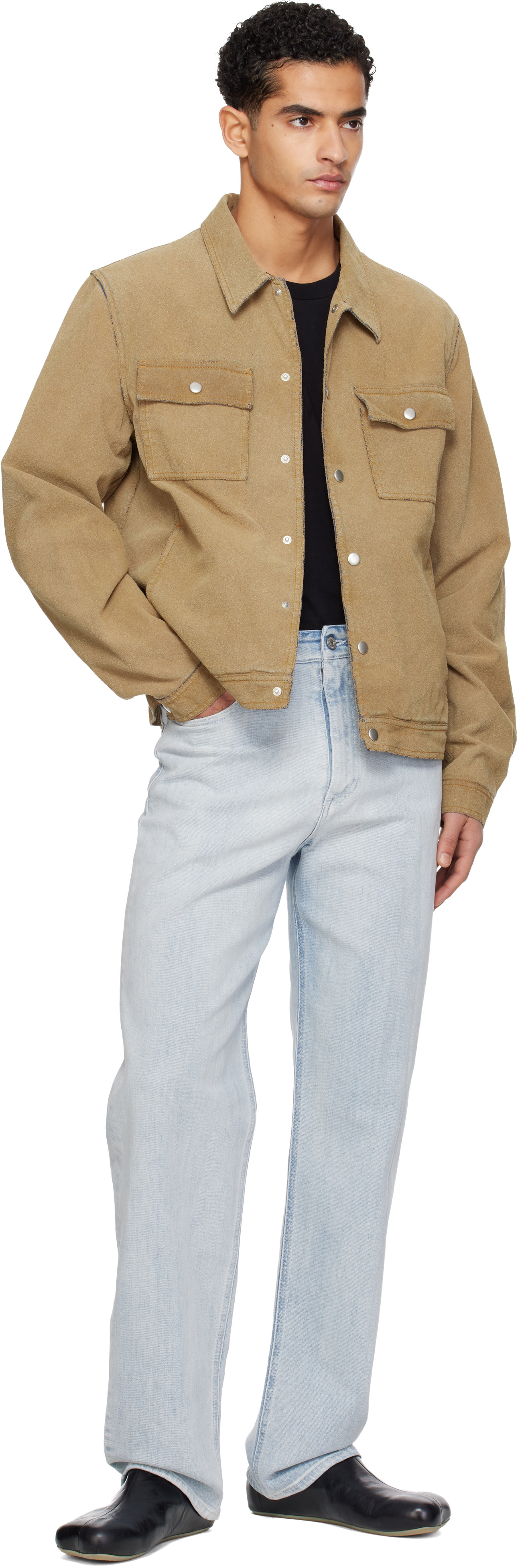 MM6 Maison Margiela: Beige Trucker Faux-Suede Jacket | SSENSE
