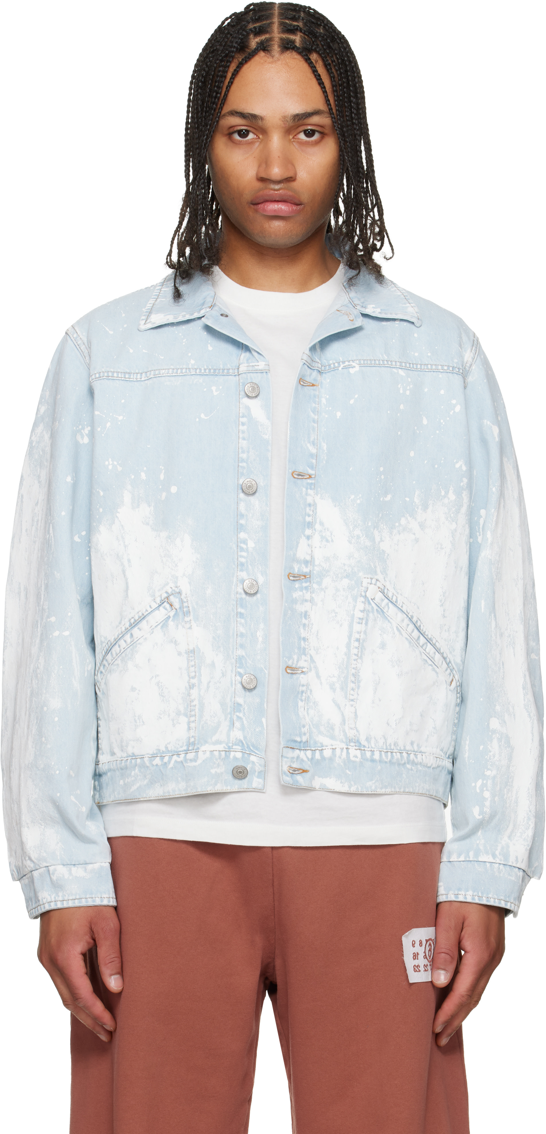 MM6 Maison Margiela: Blue Paint Splatter Denim Jacket | SSENSE Canada