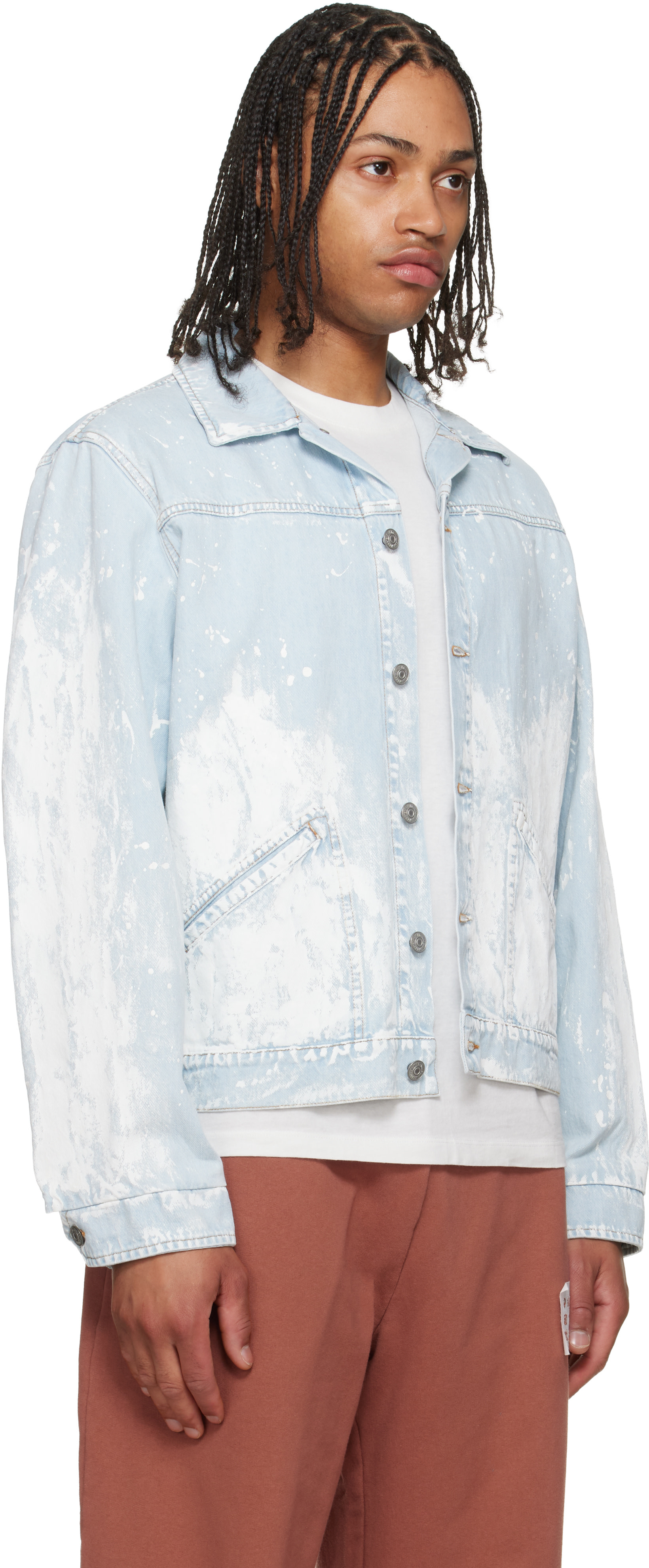 MM6 Maison Margiela: Blue Paint Splatter Denim Jacket | SSENSE Canada