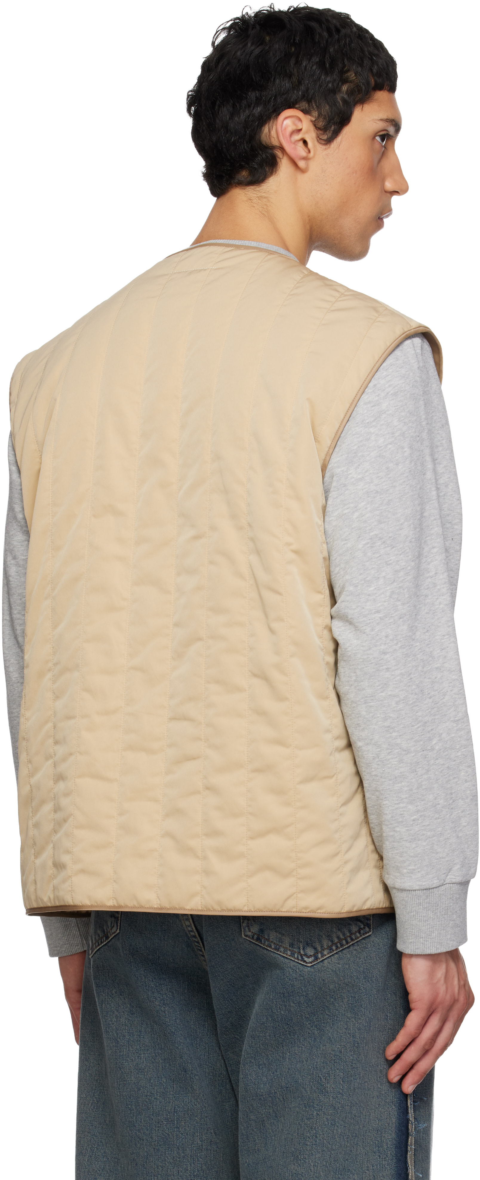 MM6 Maison Margiela　ベージュ ノースリーブベスト リボン付 MM6 Maison Margiela: ベージュ リバーシブル キルティング ベスト