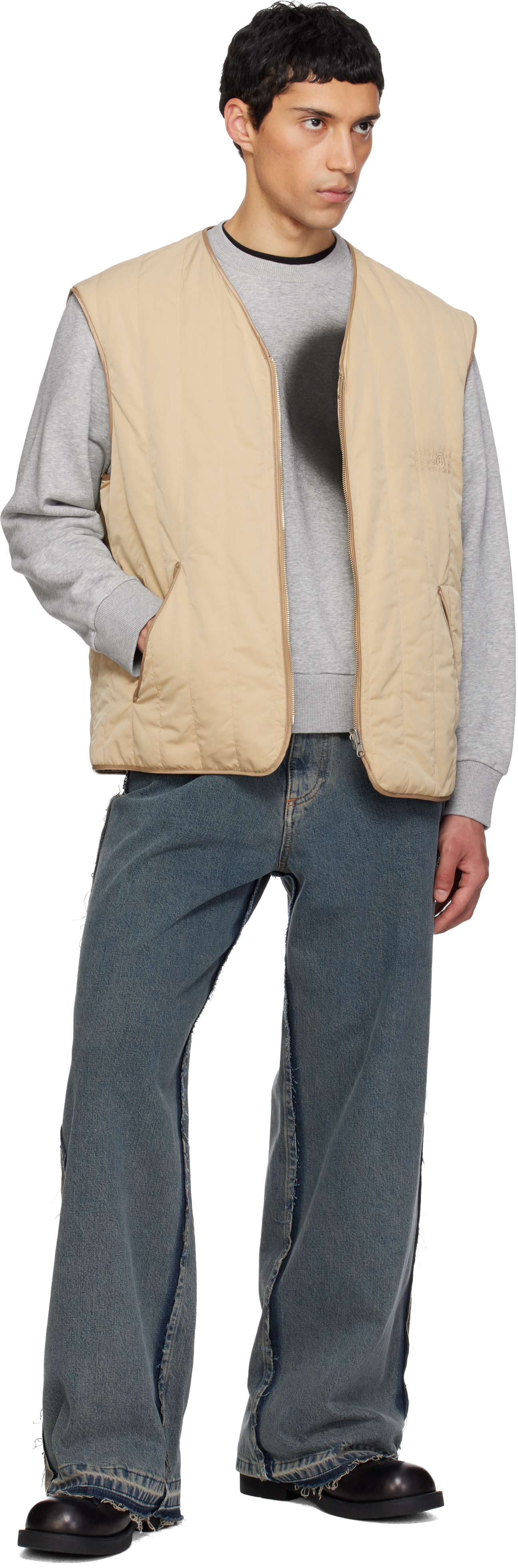 margielaマルジェラ 中綿キルティングベスト パデット　アーカイブ　レザー MM6 Maison Margiela: ベージュ リバーシブル キルティング ベスト