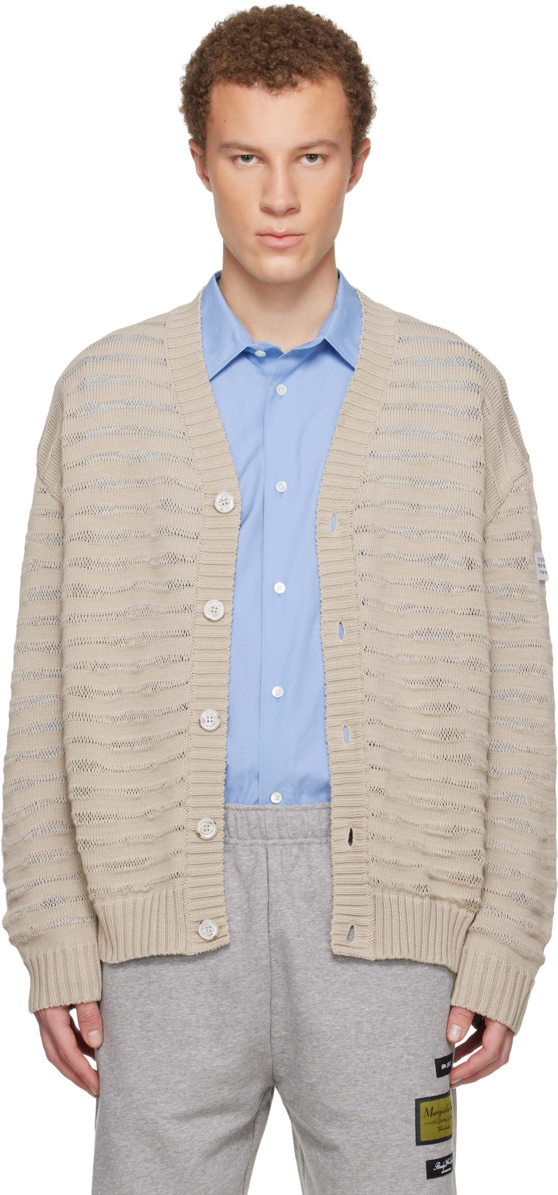 MM6 Maison Margiela: Beige Open-Knit Stripe Cardigan | SSENSE