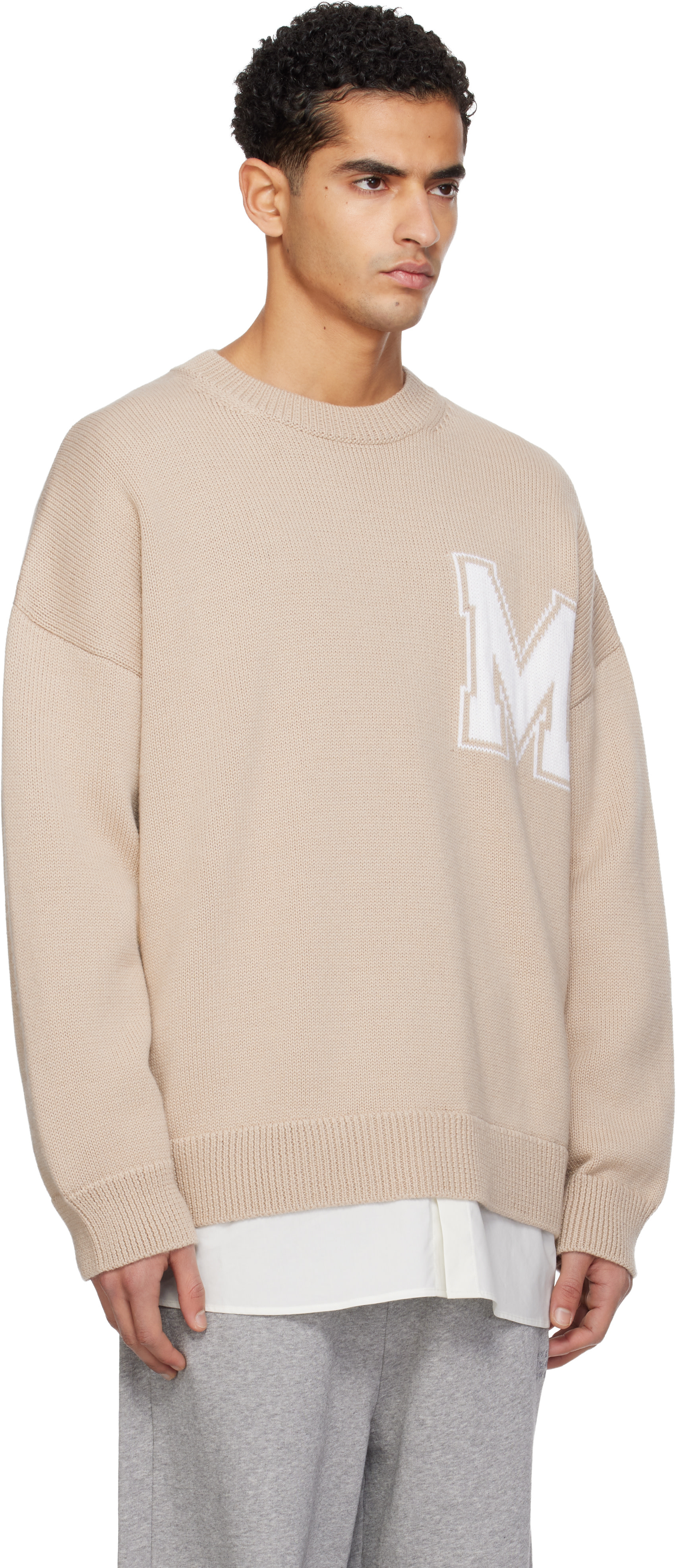 MM6 Maison Margiela: Beige Two-In-One Varsity Knit Sweater | SSENSE