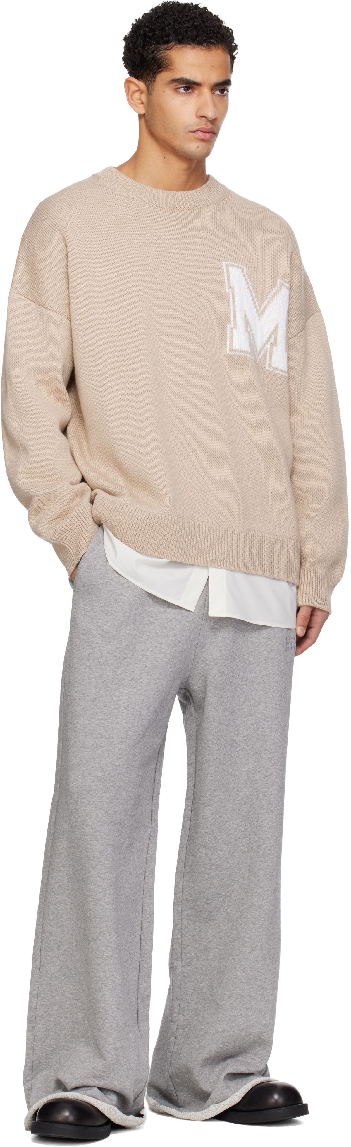 MM6 Maison Margiela: Beige Two-In-One Varsity Knit Sweater | SSENSE
