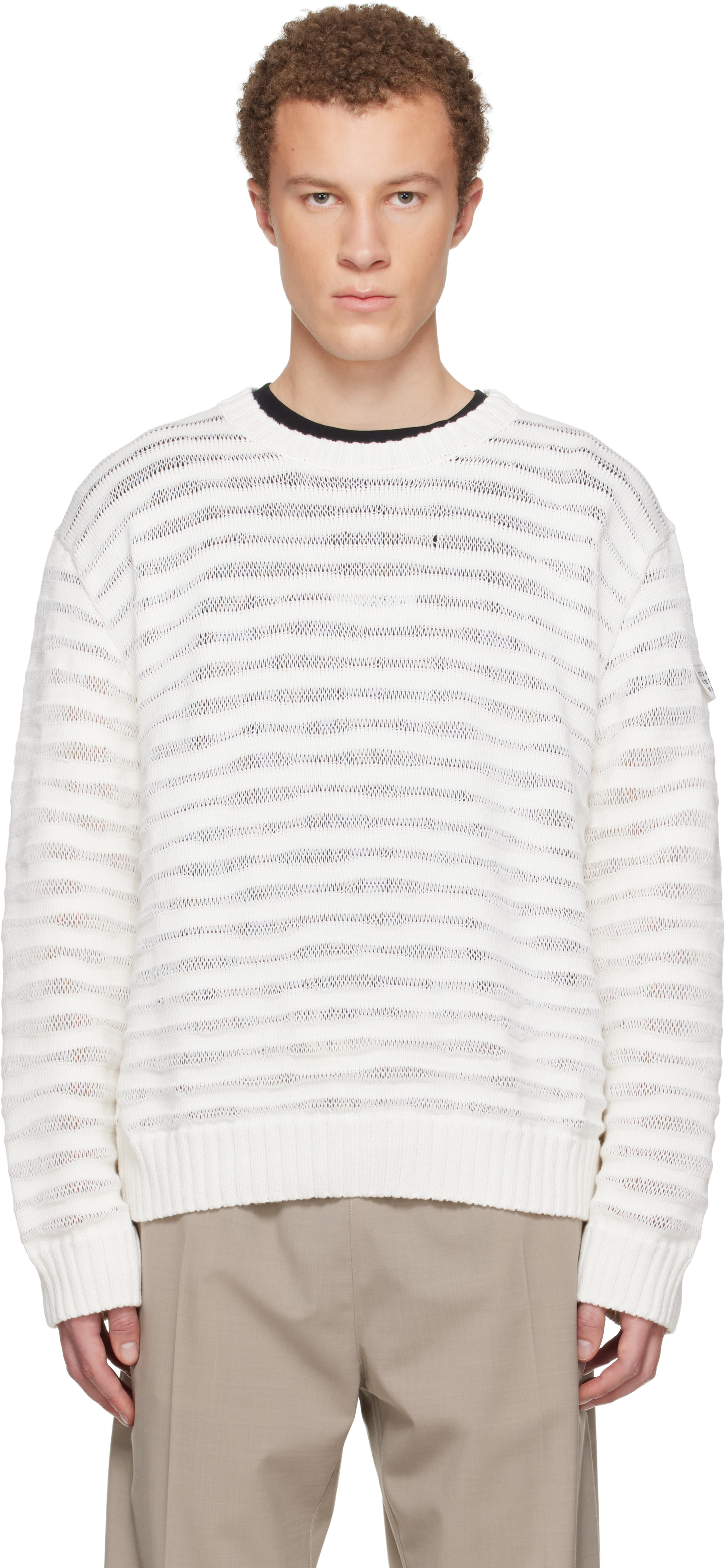 MM6 Maison Margiela: Off-White Open-Knit Stripe Sweater | SSENSE