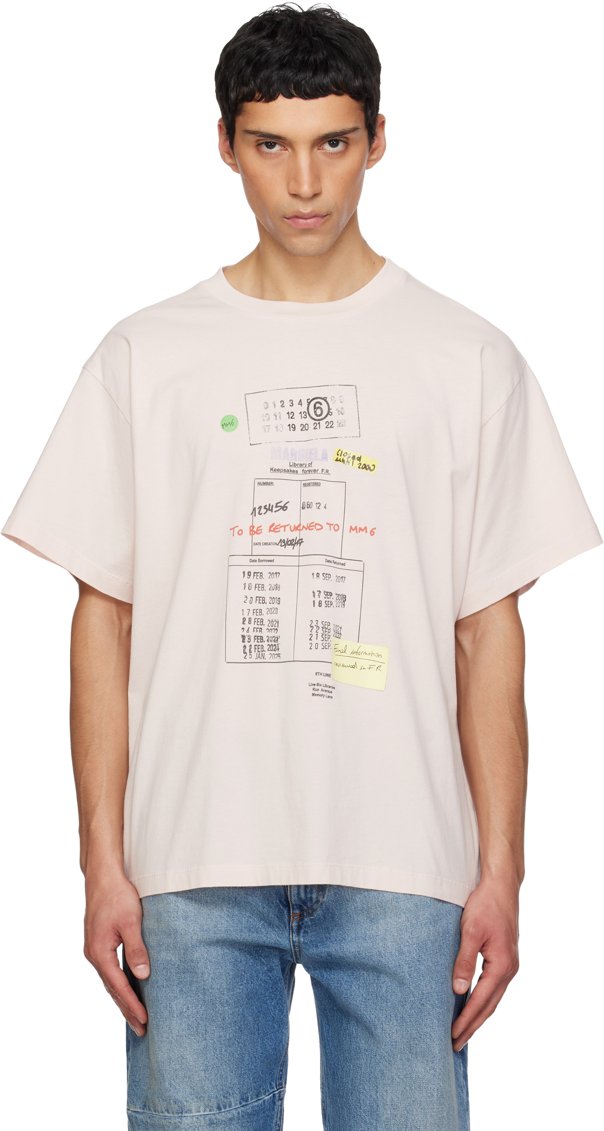 MM6 Maison Margiela: Pink Library Stamp T-shirt | SSENSE Hong Kong 