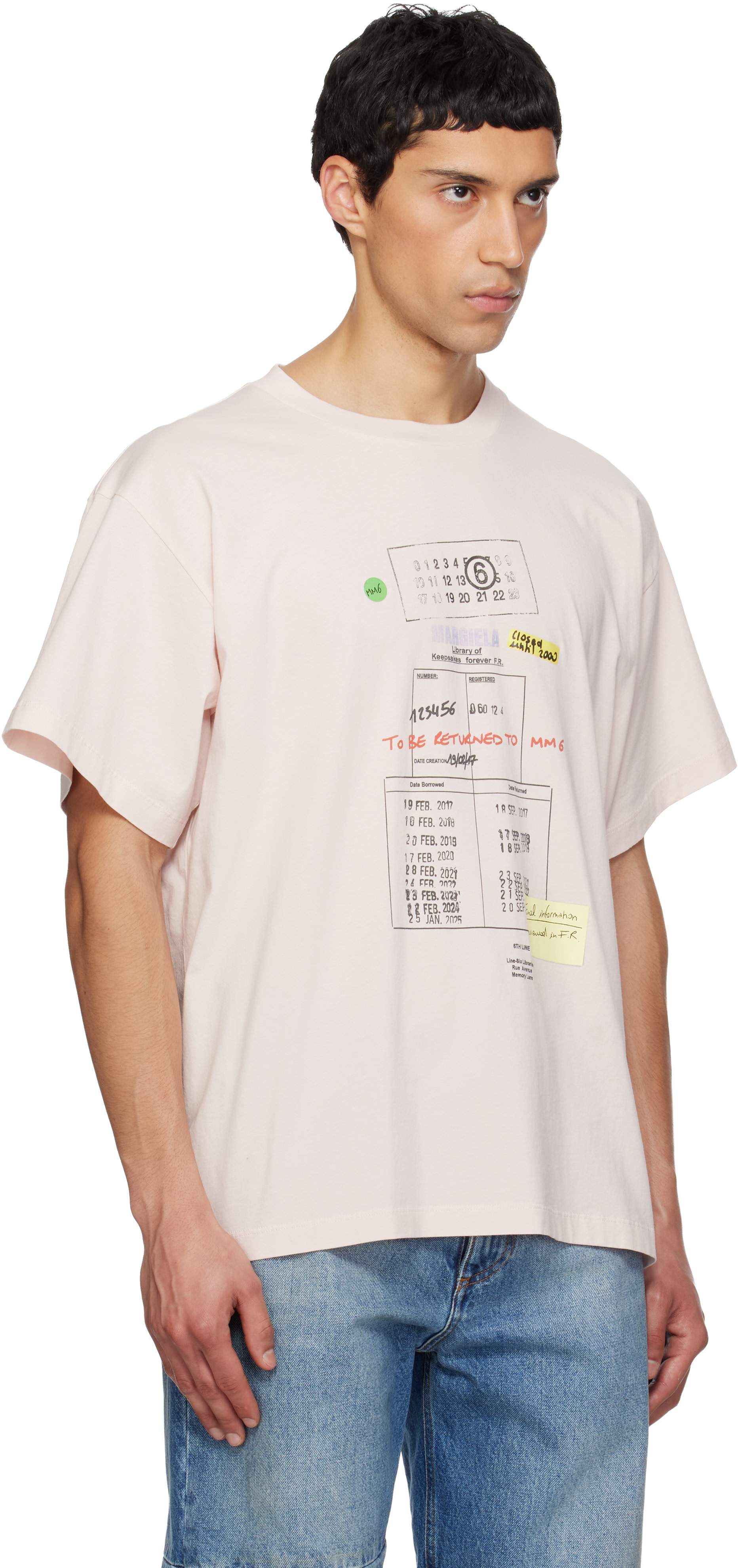 MM6 Maison Margiela: Pink Library Stamp T-shirt | SSENSE