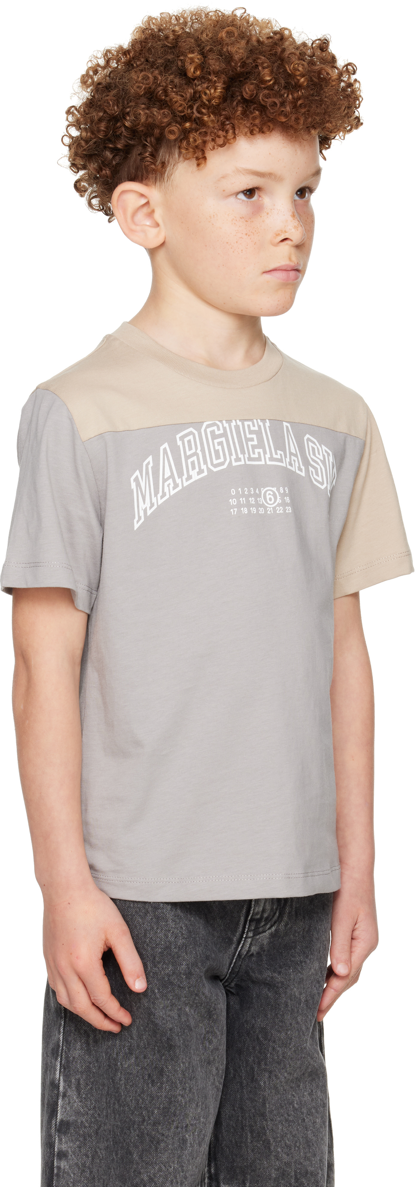 MM6 Maison Margiela: Kids Gray & Beige Printed-Logo T-shirt