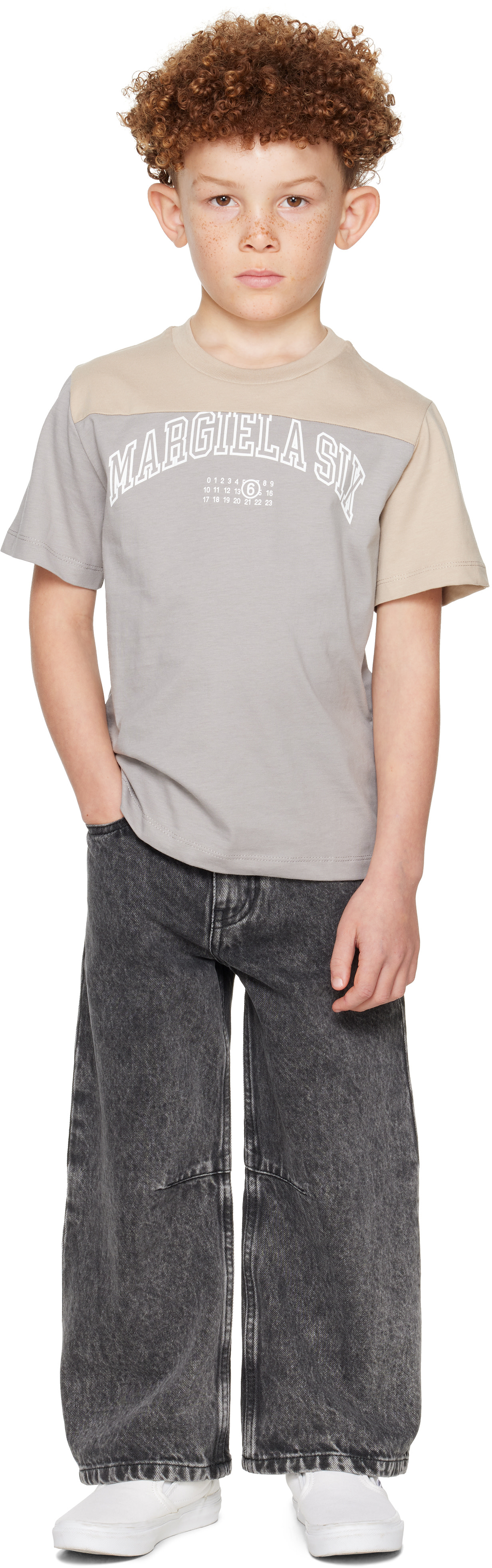 MM6 Maison Margiela: Kids Gray & Beige Printed-Logo T-shirt | SSENSE