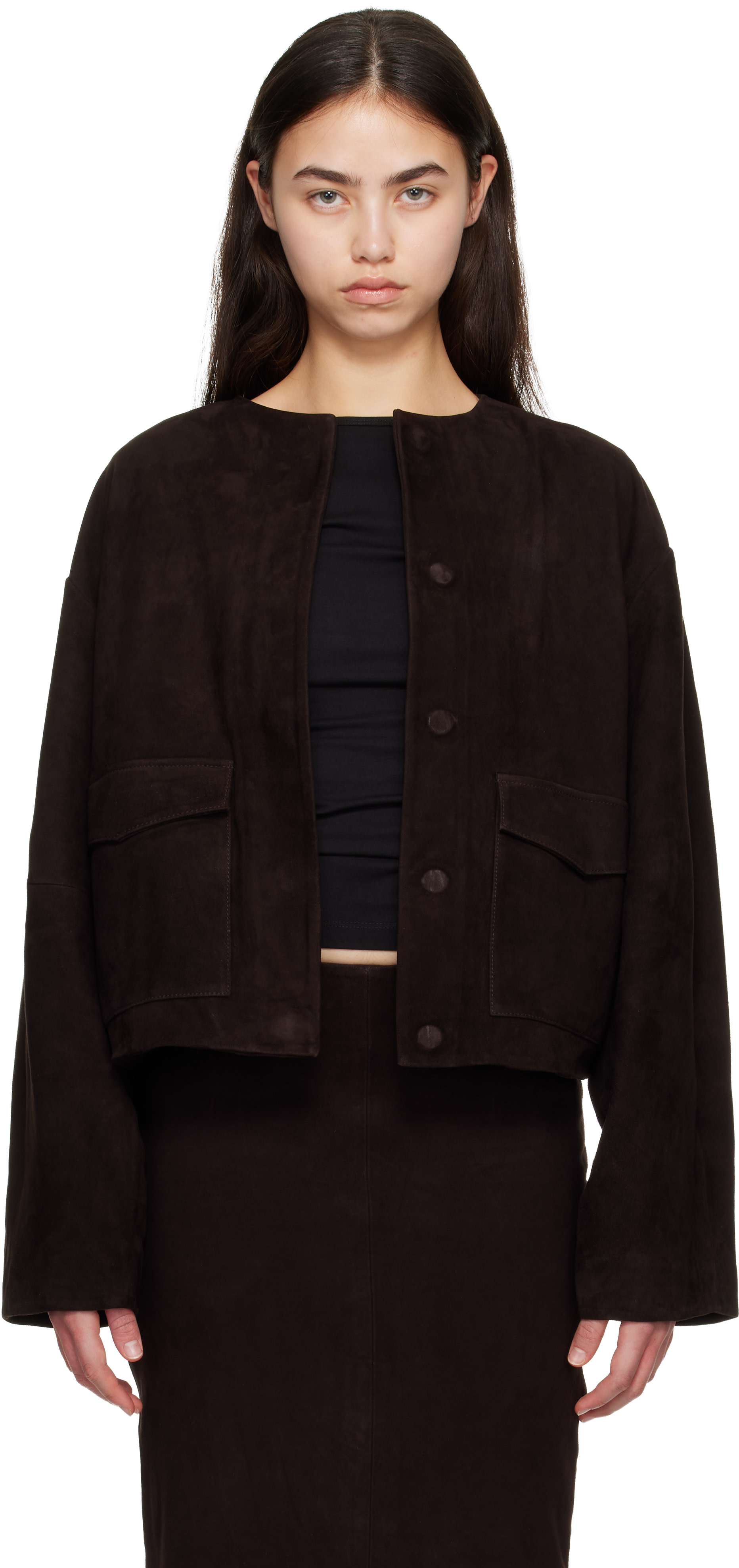 St. Agni - Blouson utilitaire brun en suède à coupe cocon
