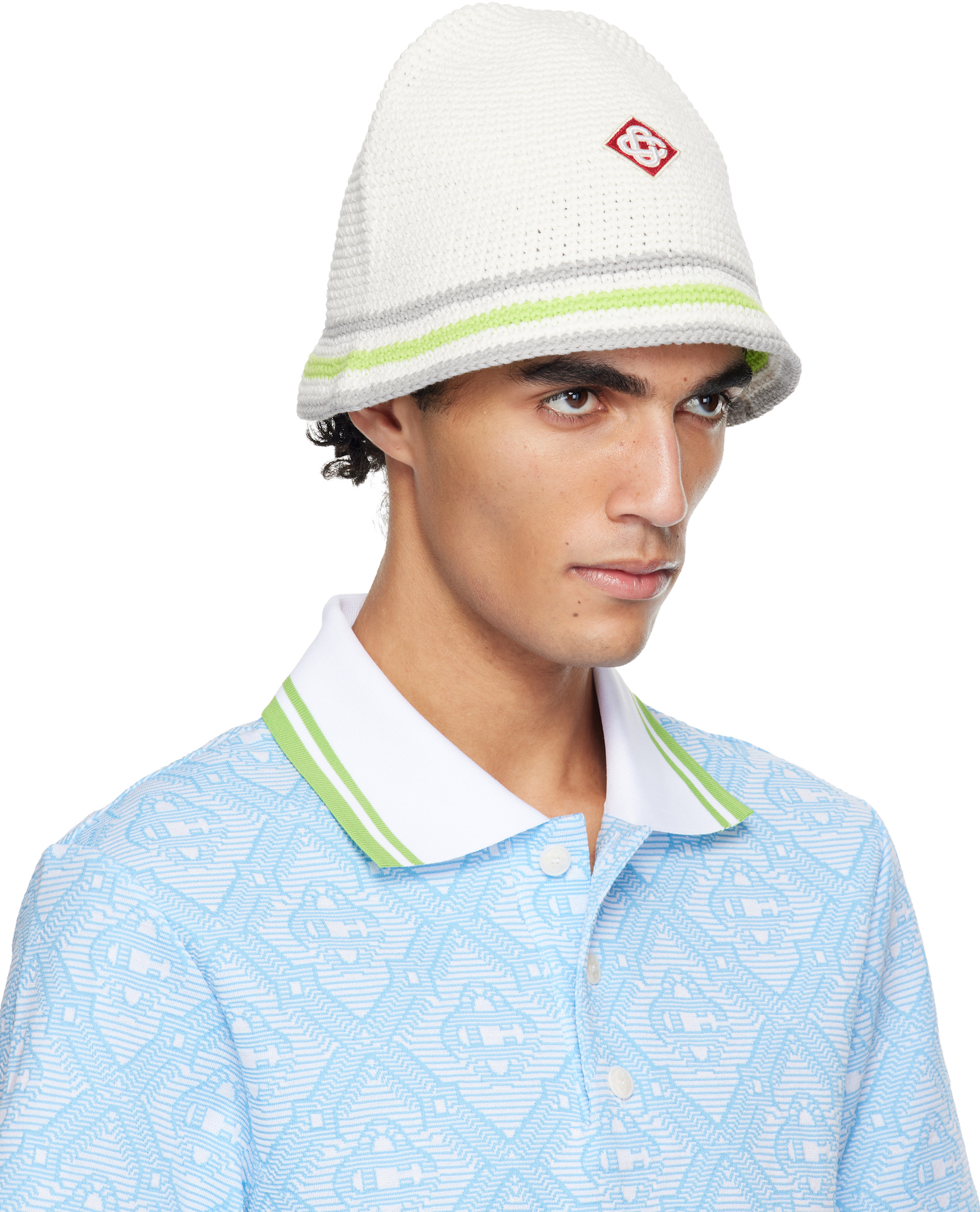 Casablanca: White Stripe Crochet Bucket Hat | SSENSE Canada
