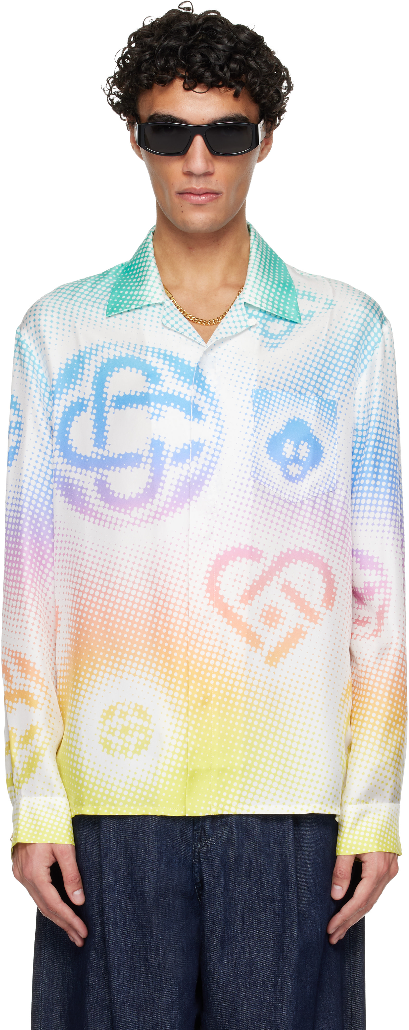 Casablanca: マルチカラー Halftone ロゴ 長袖 シルク シャツ | SSENSE
