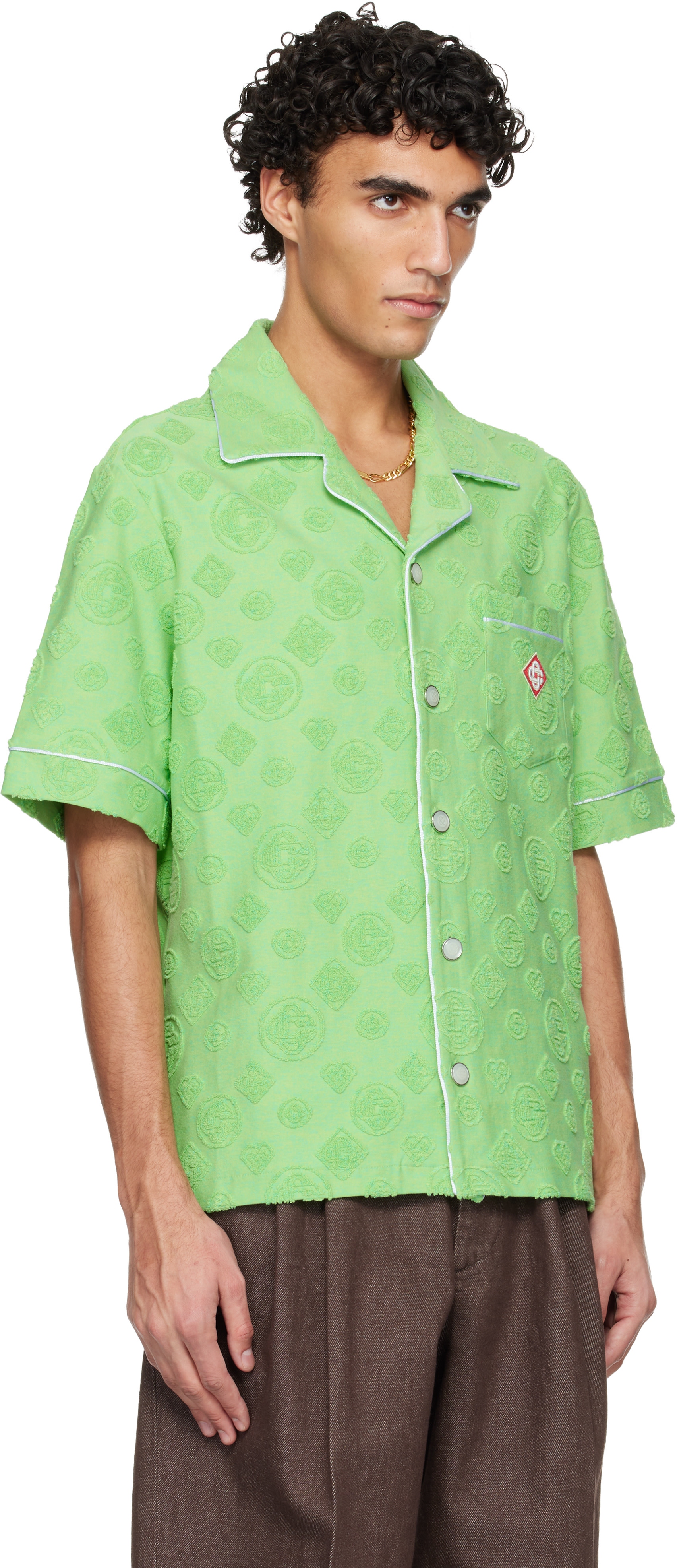 Casablanca: Green Towelling Monogram Short Sleeve Shirt | SSENSE