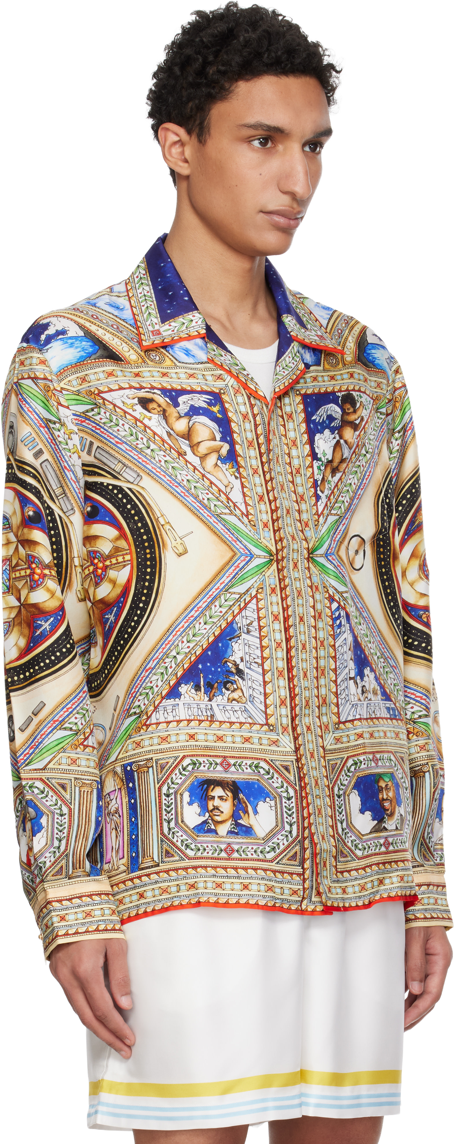 XL カサブランカ 長袖 シルク 100% 総柄 開襟 オープンカラー シャツ Casablanca: マルチカラー 'Plafond Orne De Musique' シルク シャツ