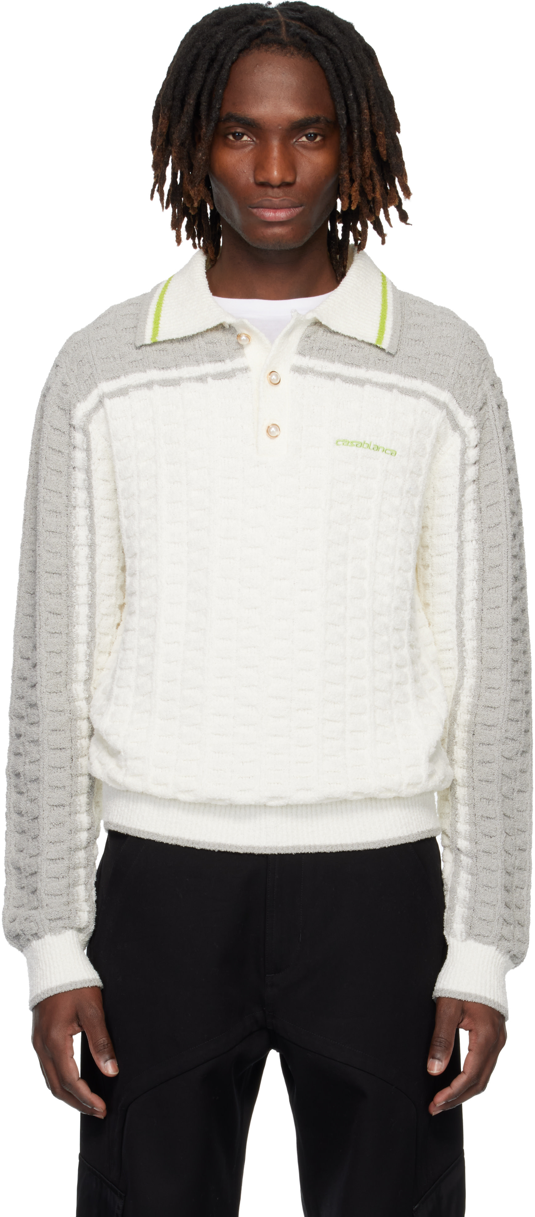 Casablanca: オフホワイト＆グレー Tennis Boucle 長袖ポロシャツ