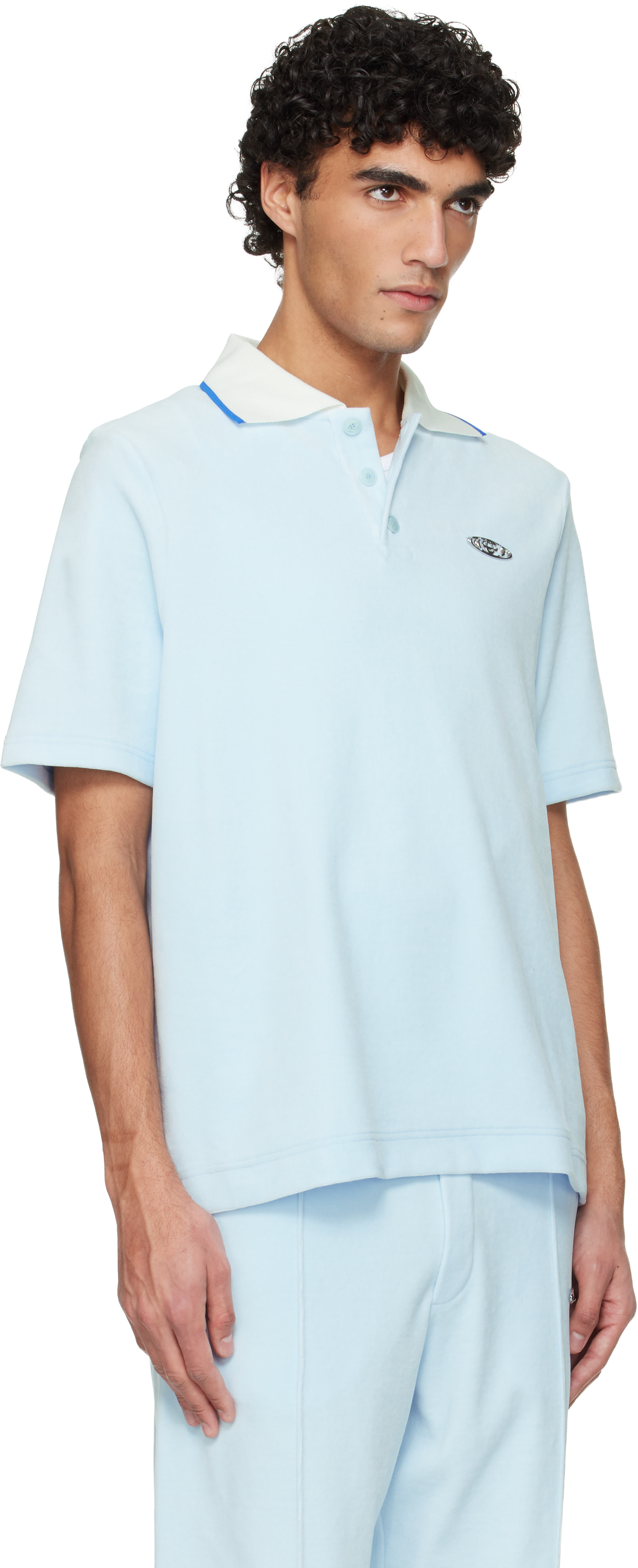 Casablanca: Blue Velour Short Sleeve Polo | SSENSE