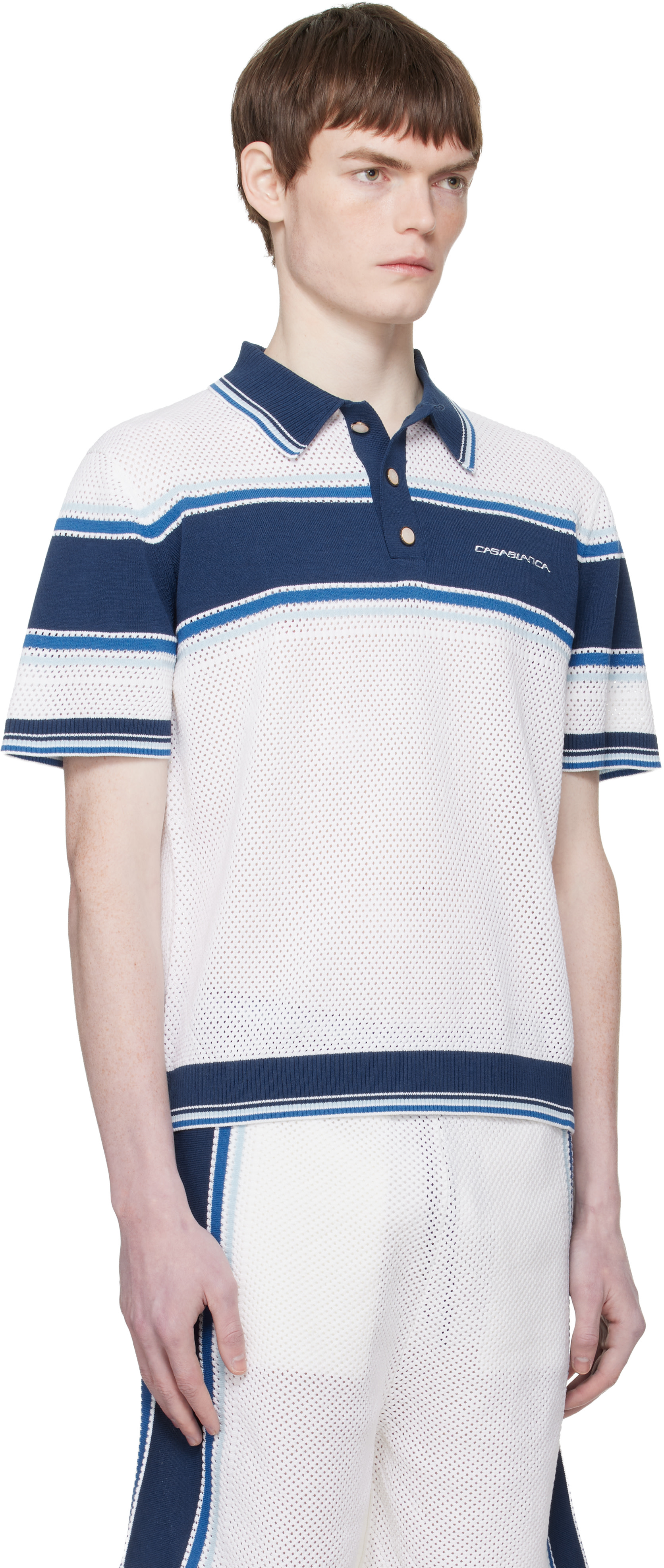 Casablanca: White & Blue Striped Mesh Short Sleeve Polo | SSENSE