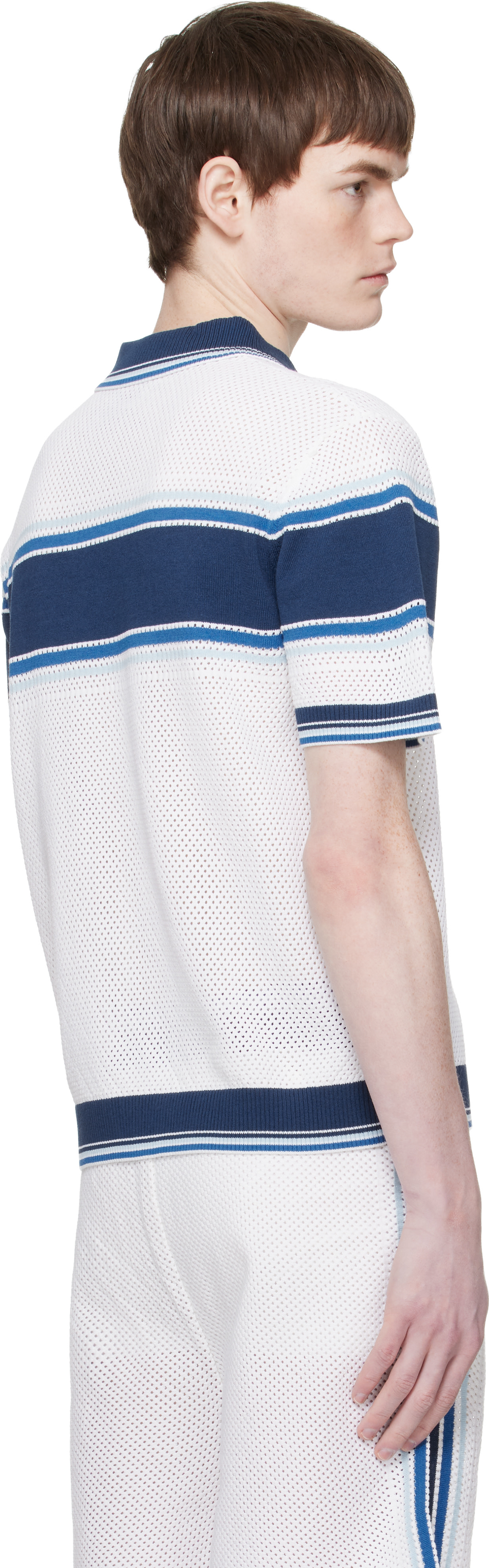 Casablanca: White & Blue Striped Mesh Short Sleeve Polo | SSENSE