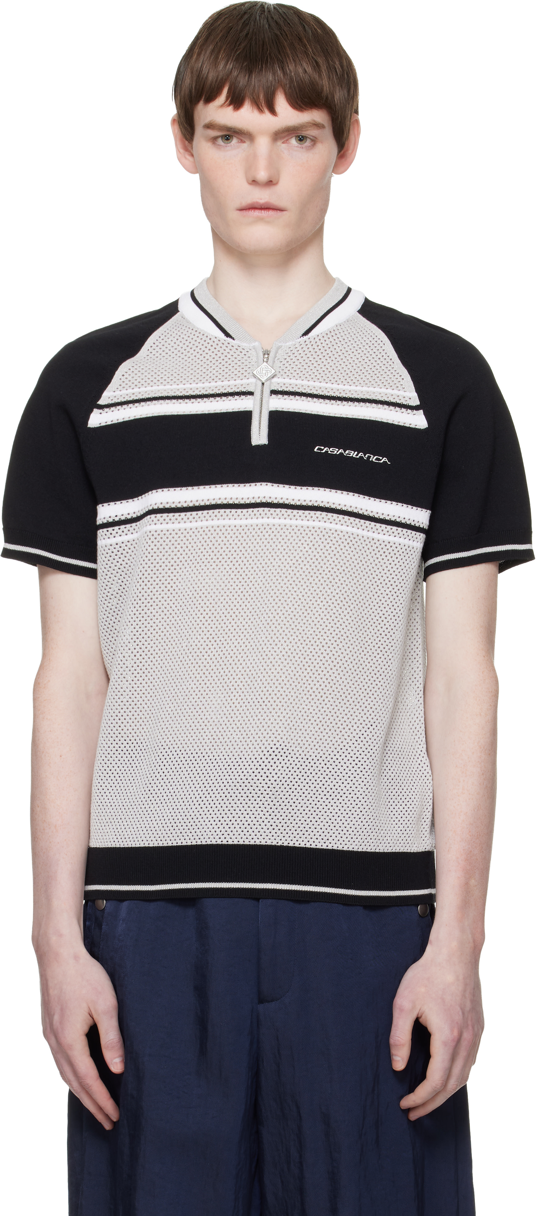 Casablanca: Gray & Black Metallic Mesh Stripe Zip Polo | SSENSE