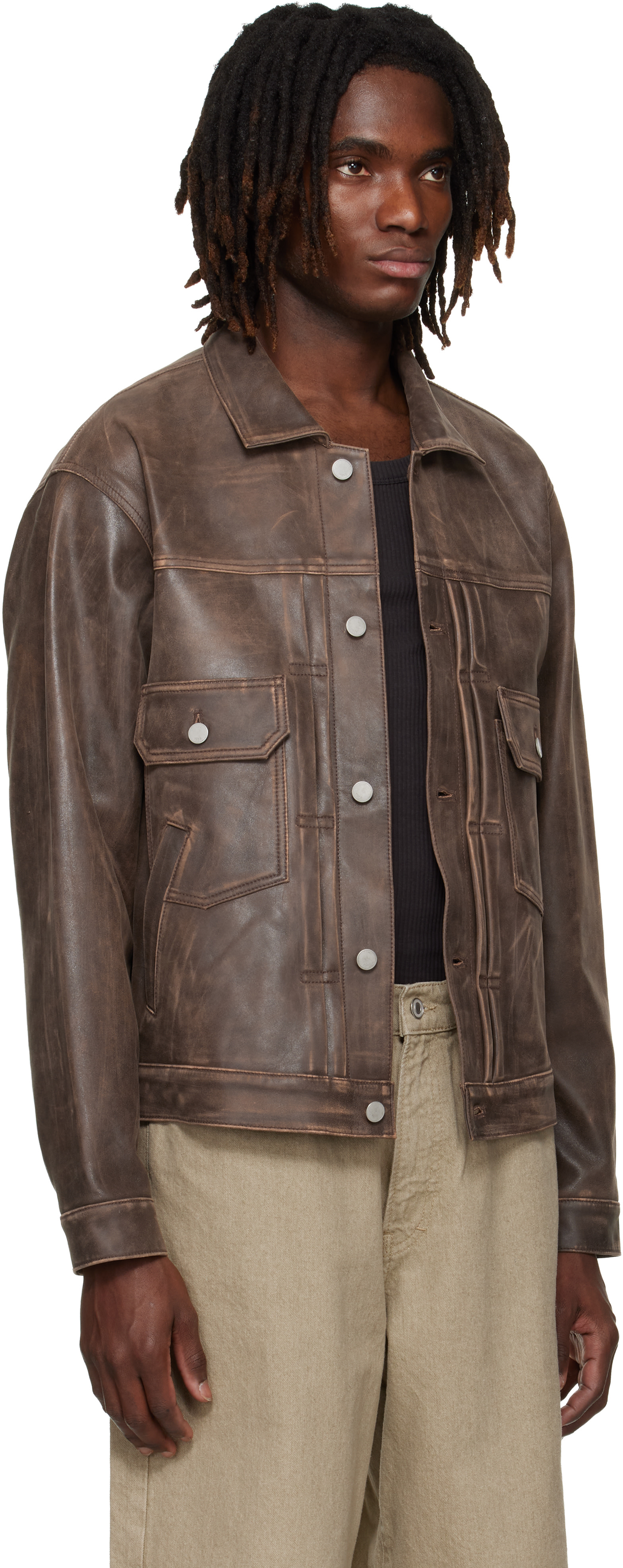 新品YOKE Carf Leather Truck Jacket brown 3 YOKE: Brown Cracked Leather Trucker Jacket | SSENSE