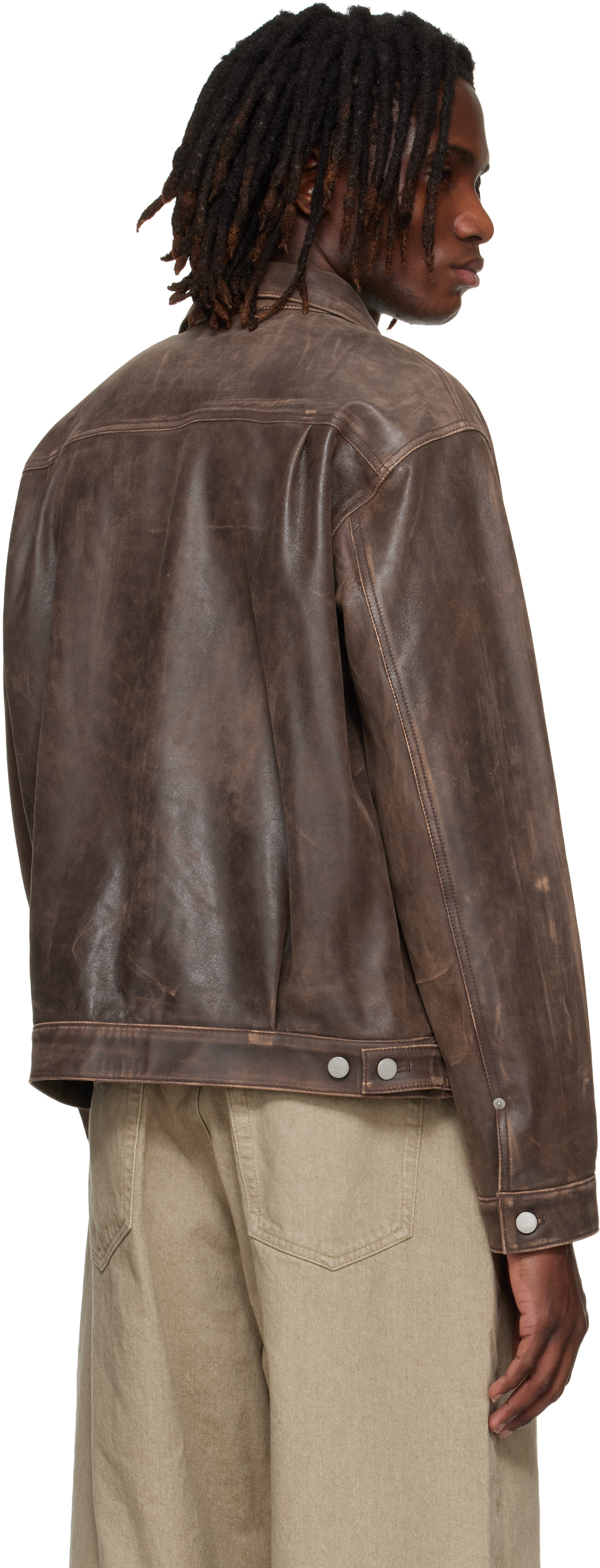 YOKE: Brown Cracked Leather Trucker Jacket | SSENSE